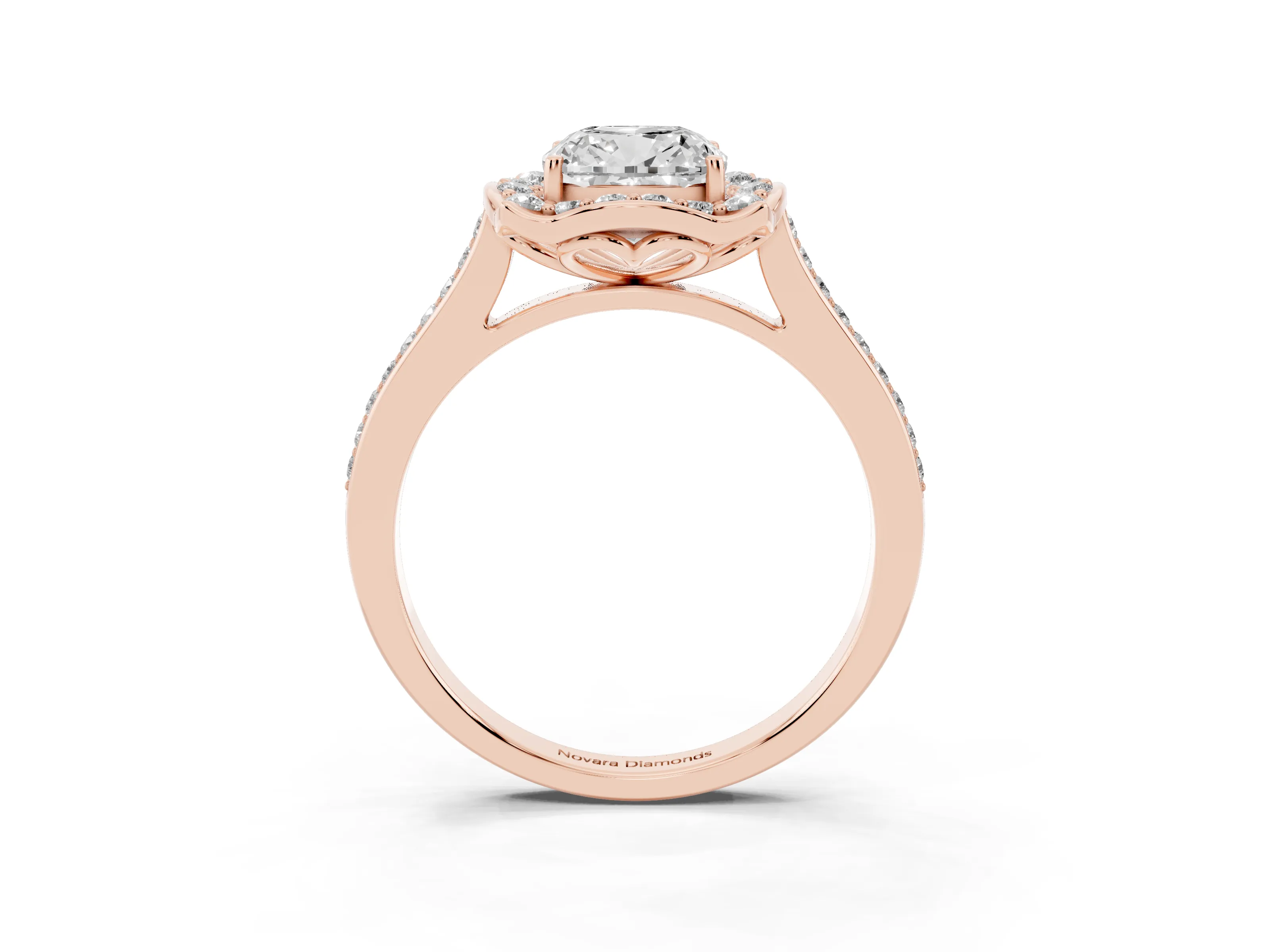 Cushion Cut Diamond Halo Ring Set in Rose gold with Pavé-Lined Shoulders and Prong Setting