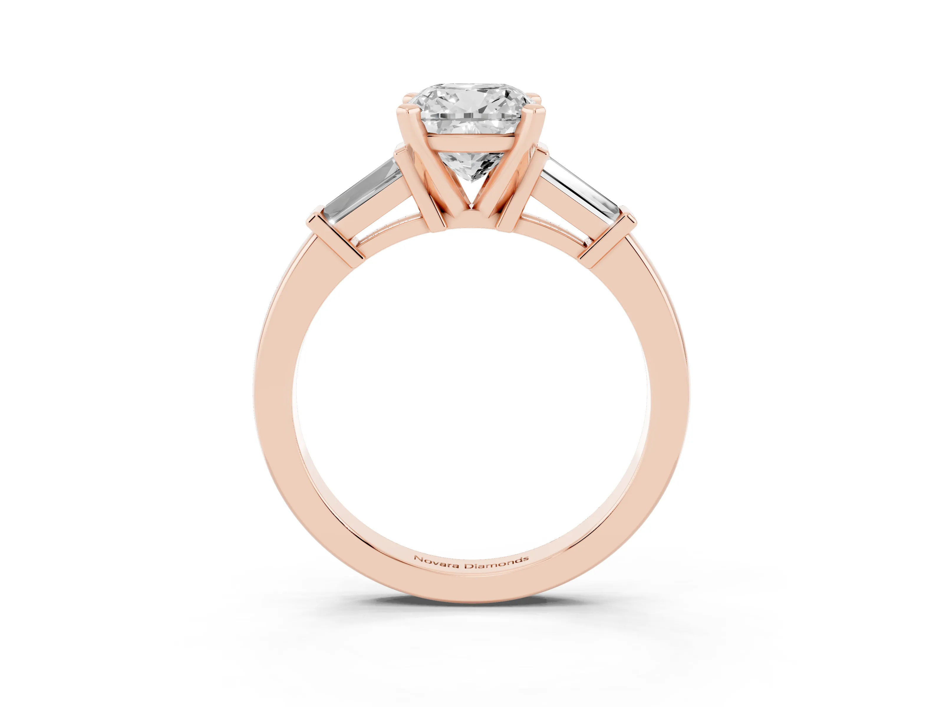 Cushion Cut Diamond Solitaire Ring Set in Rose gold with Tapered Baguette Accents and Prong Setting