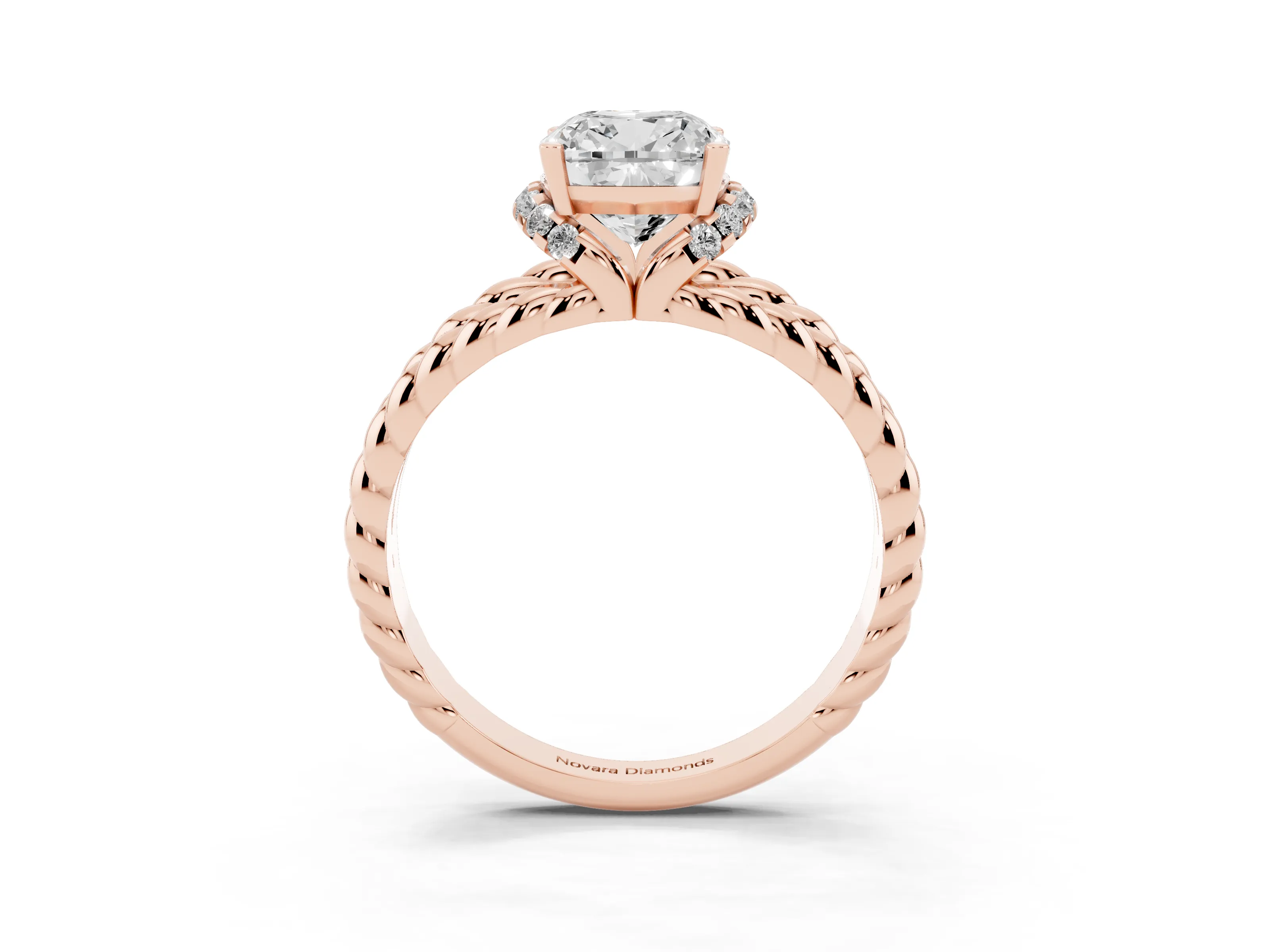 Cushion Cut Diamond Halo Ring Set in Rose gold with Twisted Band and Prong Setting