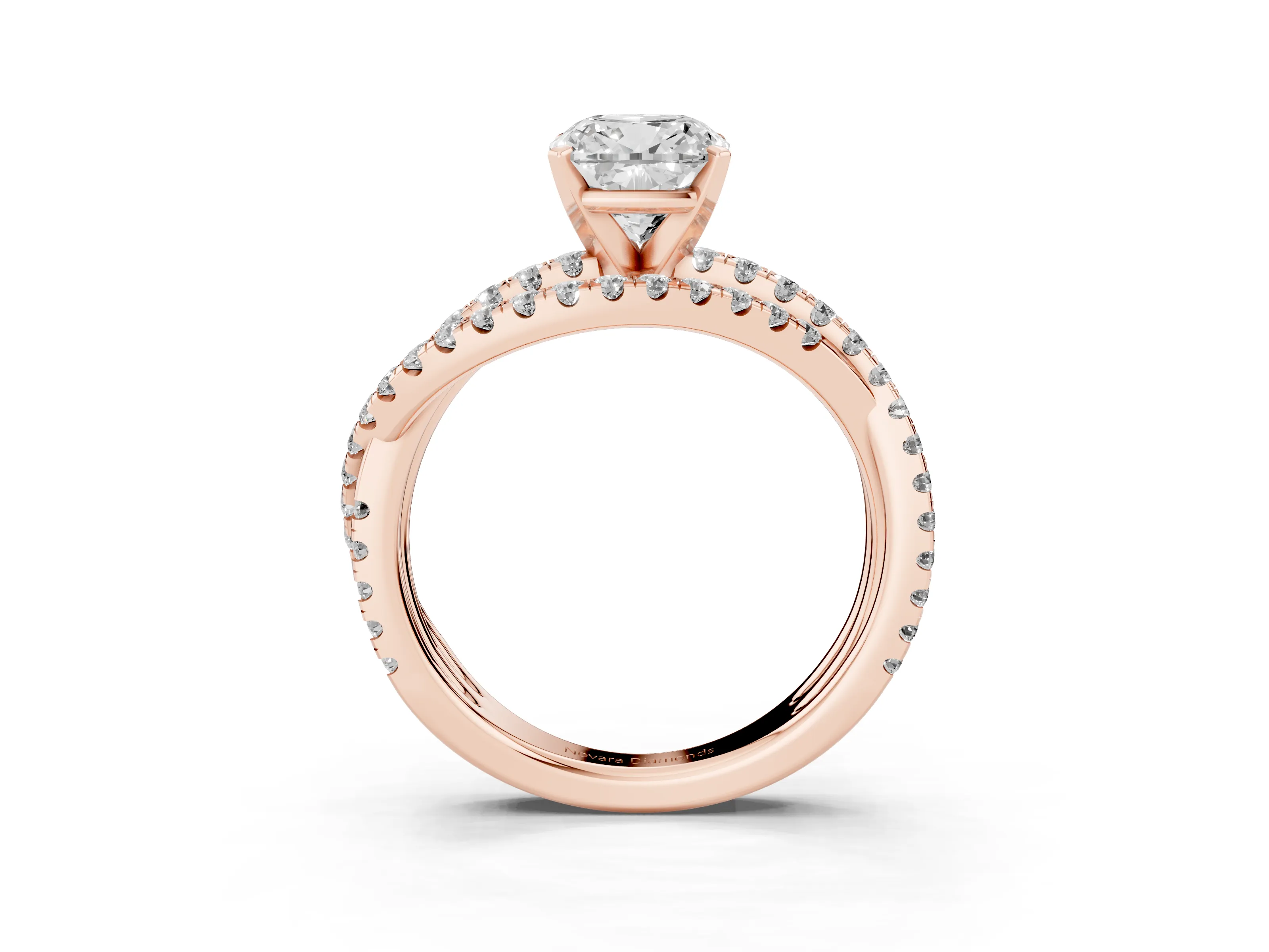 Cushion Cut Diamond Solitaire Twist Band Ring Set in Rose gold with Pavé Setting and Prong Head