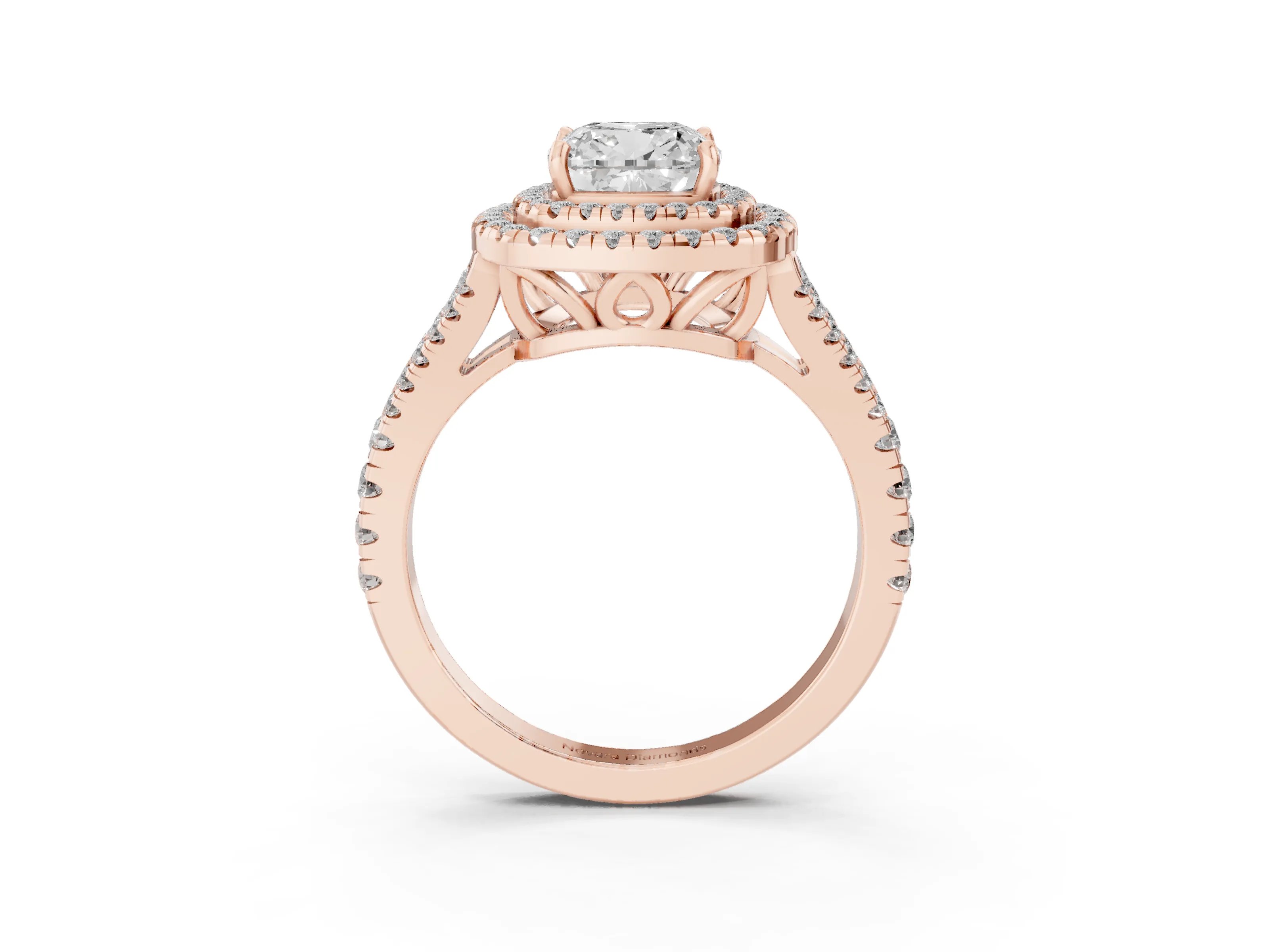 Cushion Cut Diamond Double Halo Ring Set in Rose gold with Pavé Band