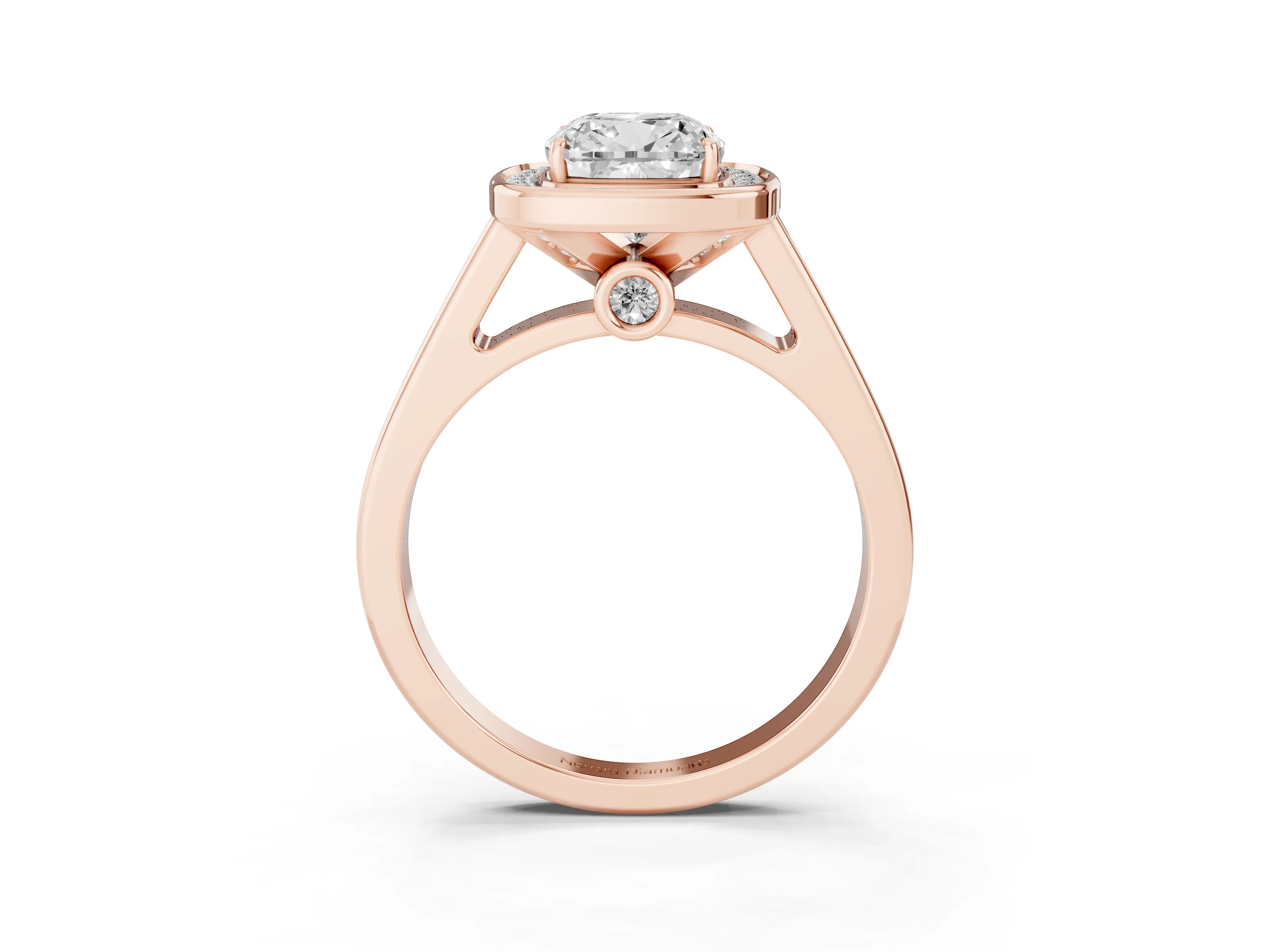 Cushion Cut Diamond Halo Solitaire Ring Set in Rose gold with Pavé Band and Bezel Setting