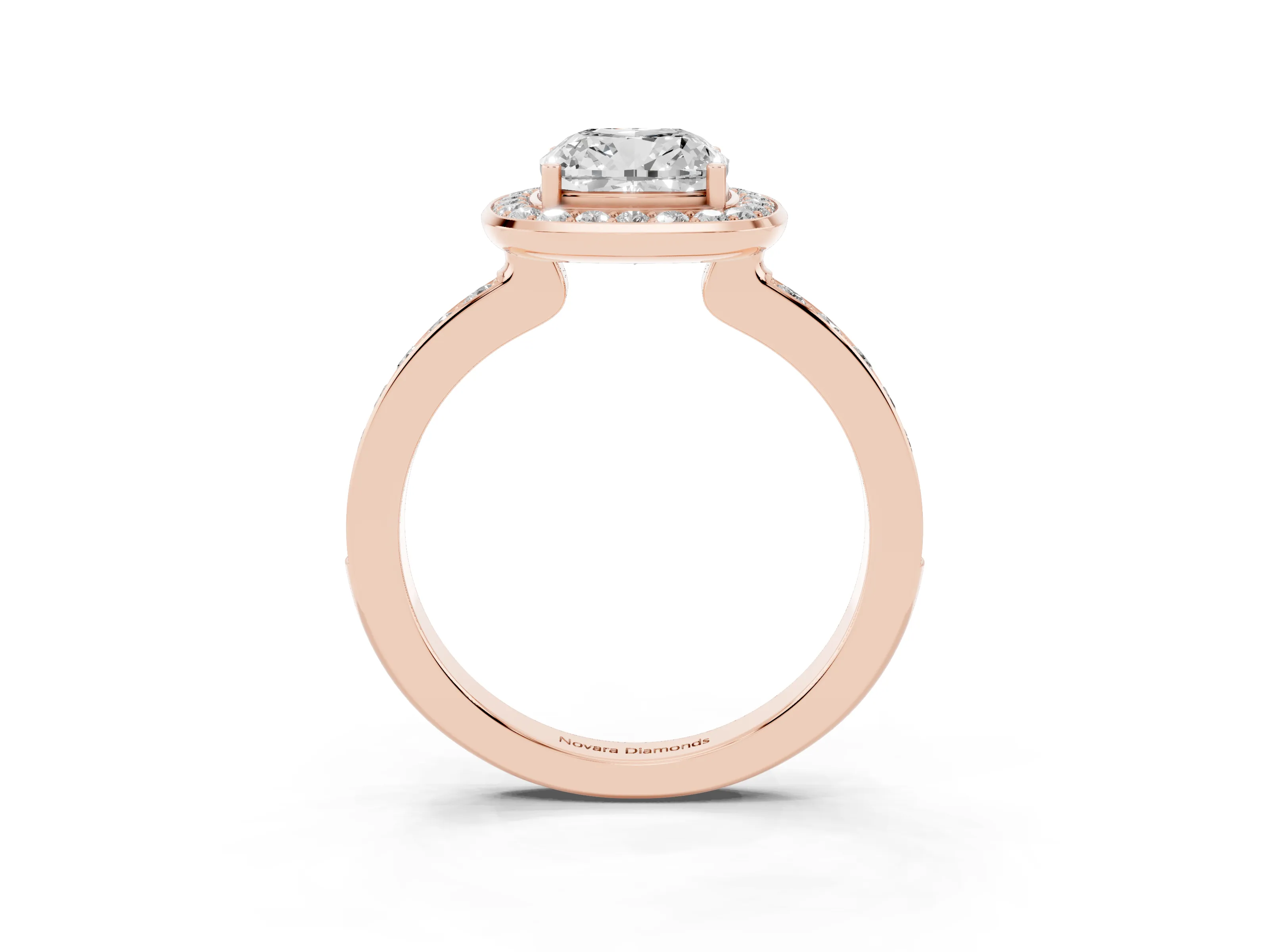 Cushion Cut Diamond Halo Ring Set in Rose gold with Bezel Frame and Pavé Band