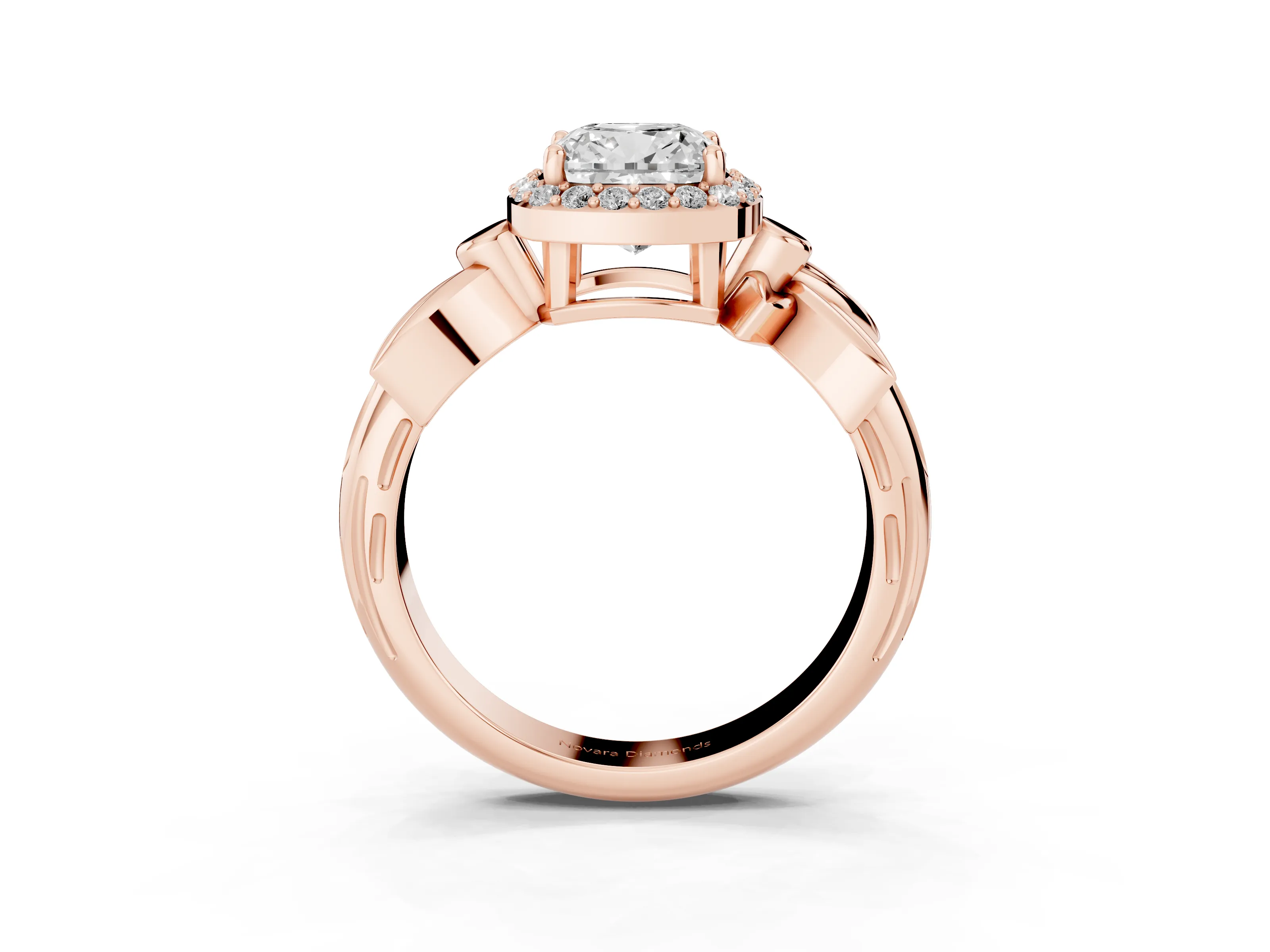 Cushion Cut Diamond Halo Floral Band Ring Set in Rose gold with Prong Setting