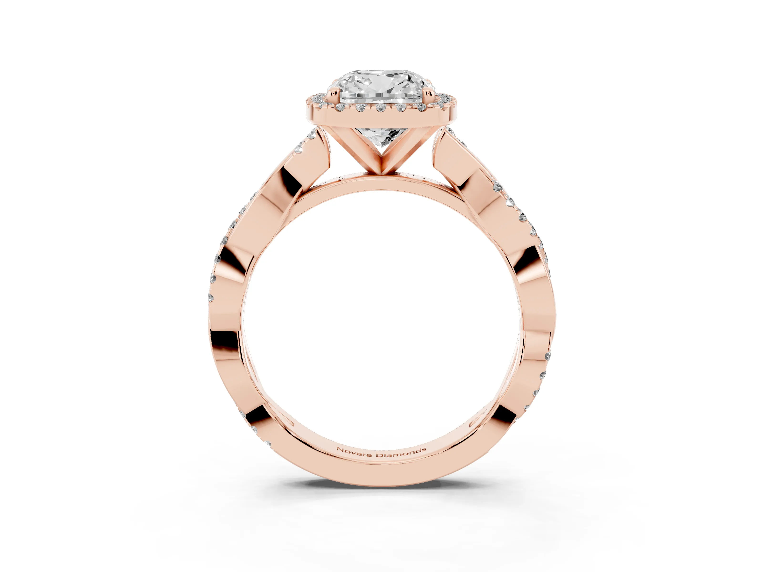 Cushion Cut Twisted Halo Engagement Ring Setting | Pavé and Plain Strands | Rose Gold