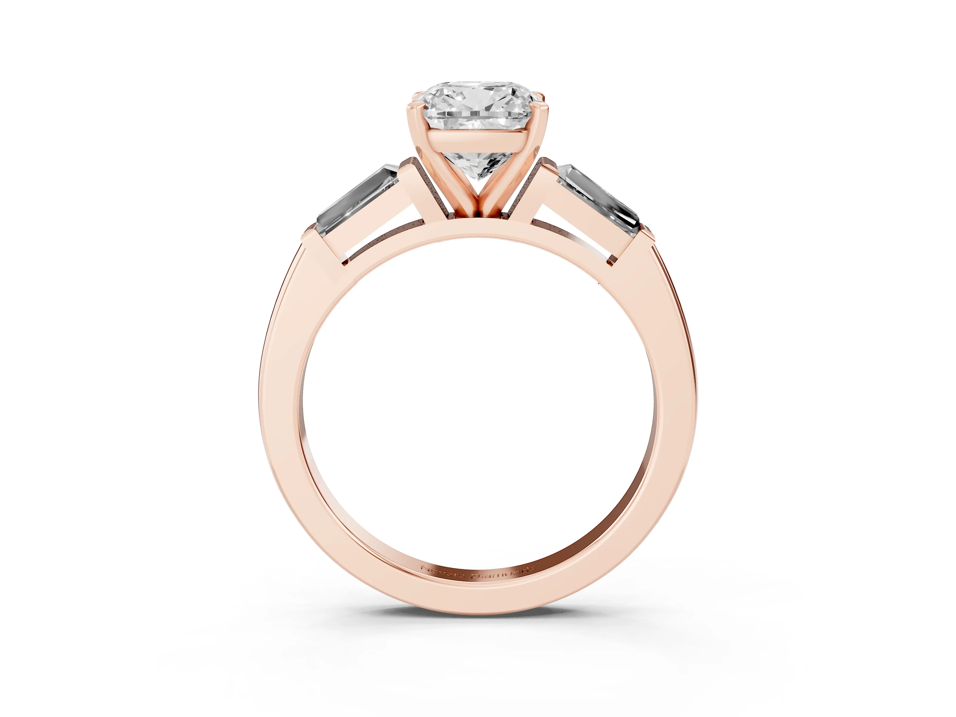 Cushion Cut Diamond Solitaire Ring Set in Rose gold with Tapered Baguette Side Stones and Prong Setting