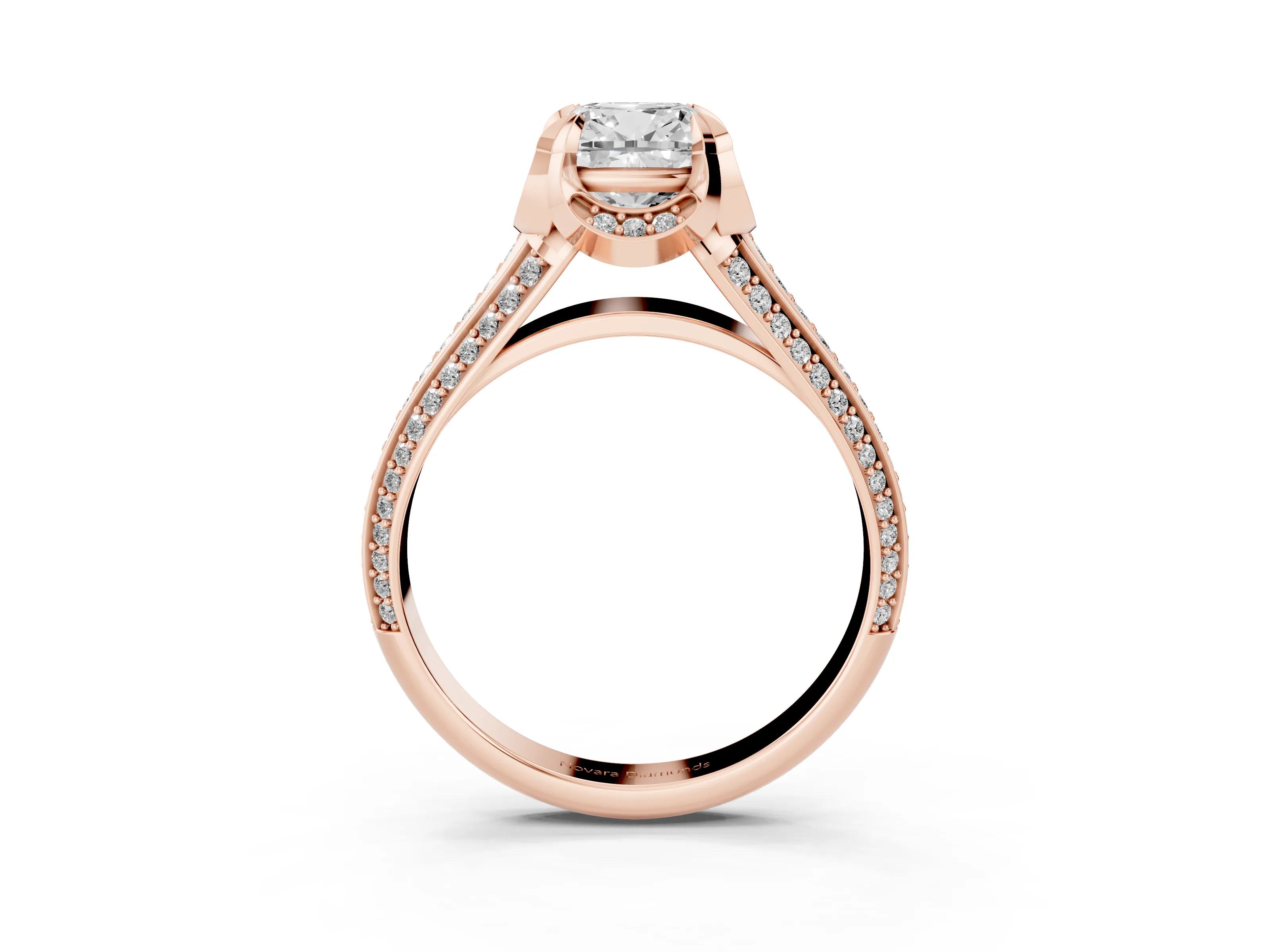 Cushion Cut Diamond Pavé Split Shank Solitaire Ring Set in Rose gold with Prong Setting
