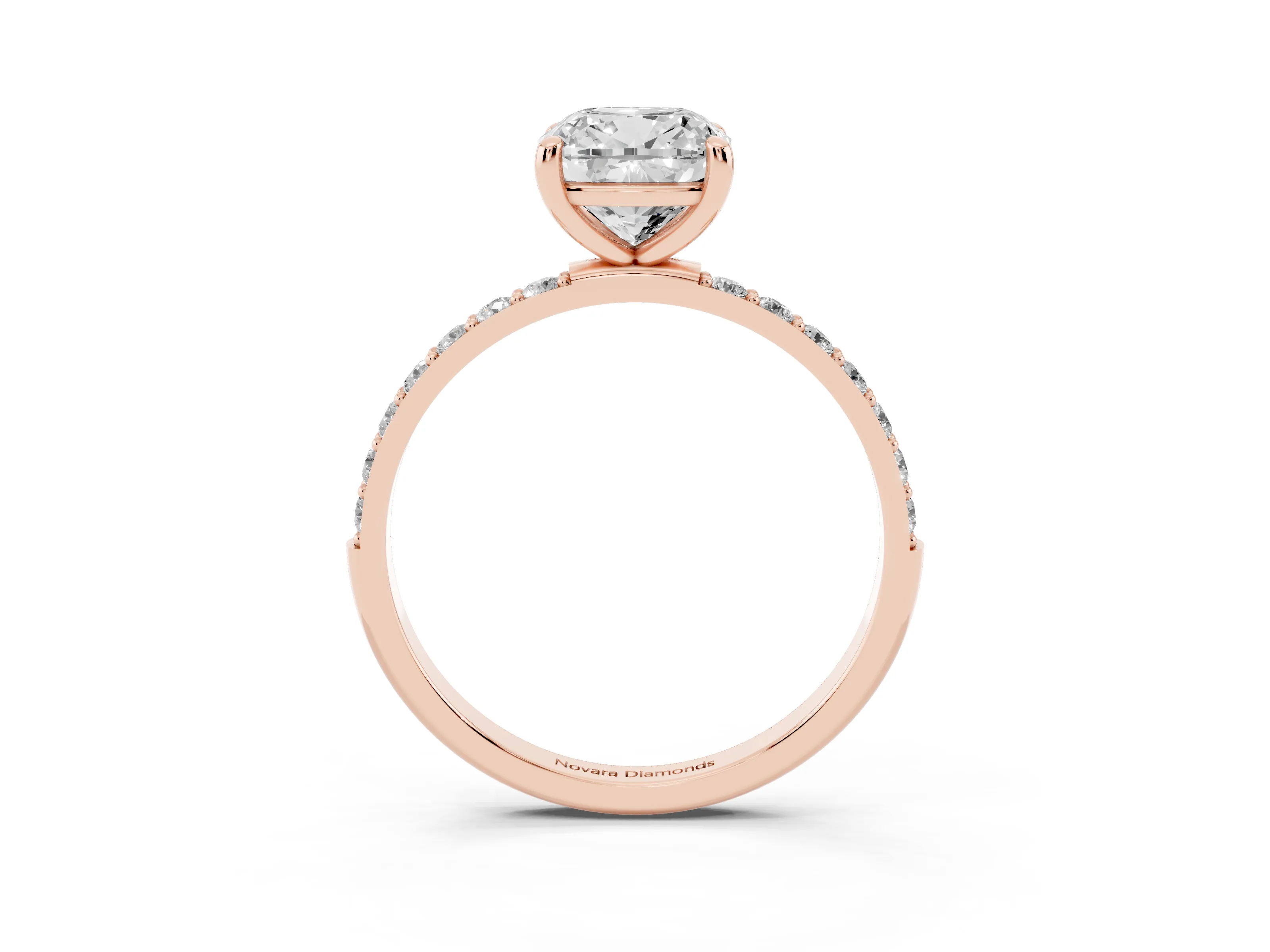 Cushion Cut Diamond Solitaire Ring Set in Rose gold with Round Pavé Band and Prong Setting