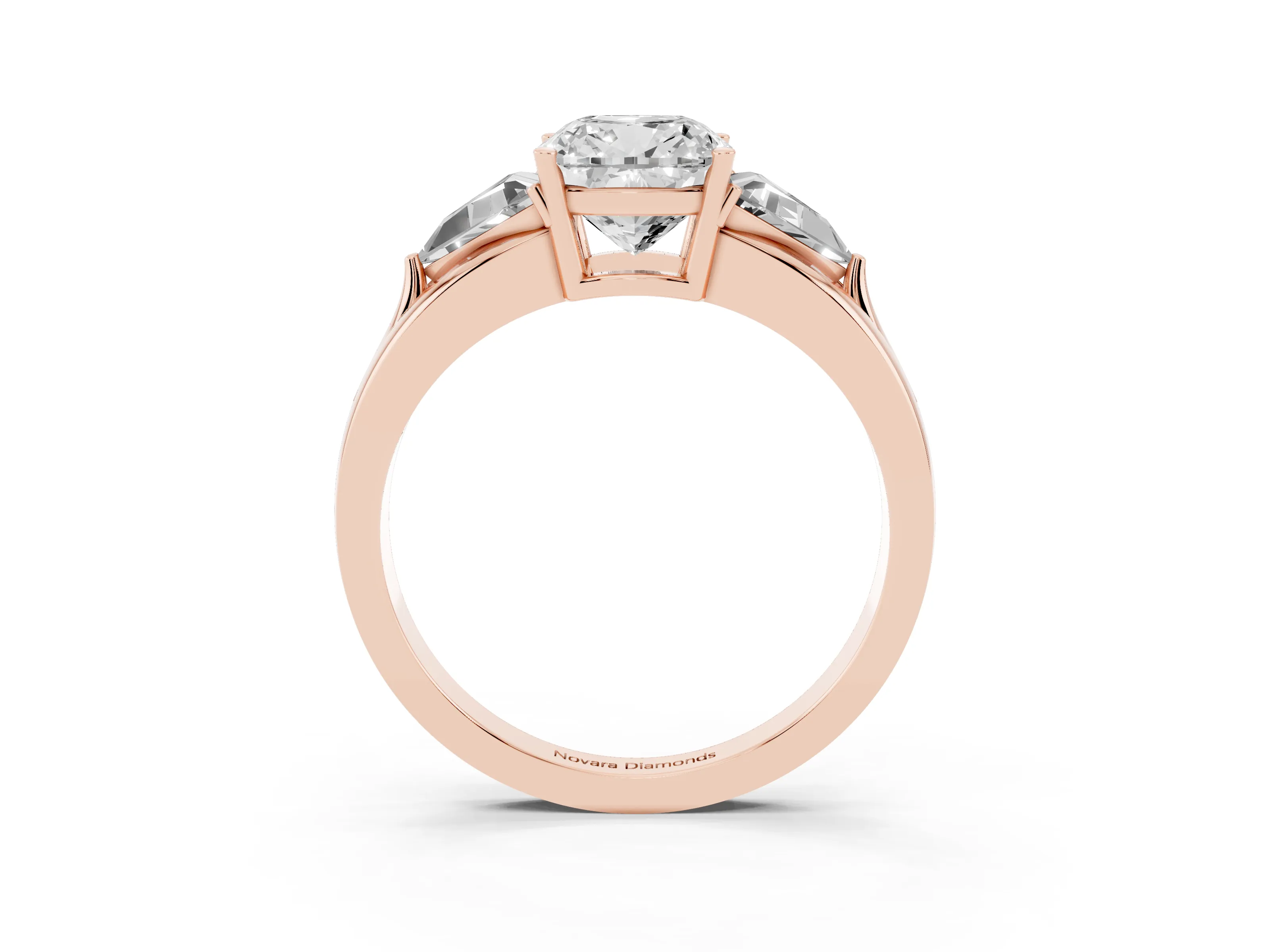 Cushion Cut Diamond Three-Stone Ring Set in Rose gold with Trillion Side Stones and Split Shank