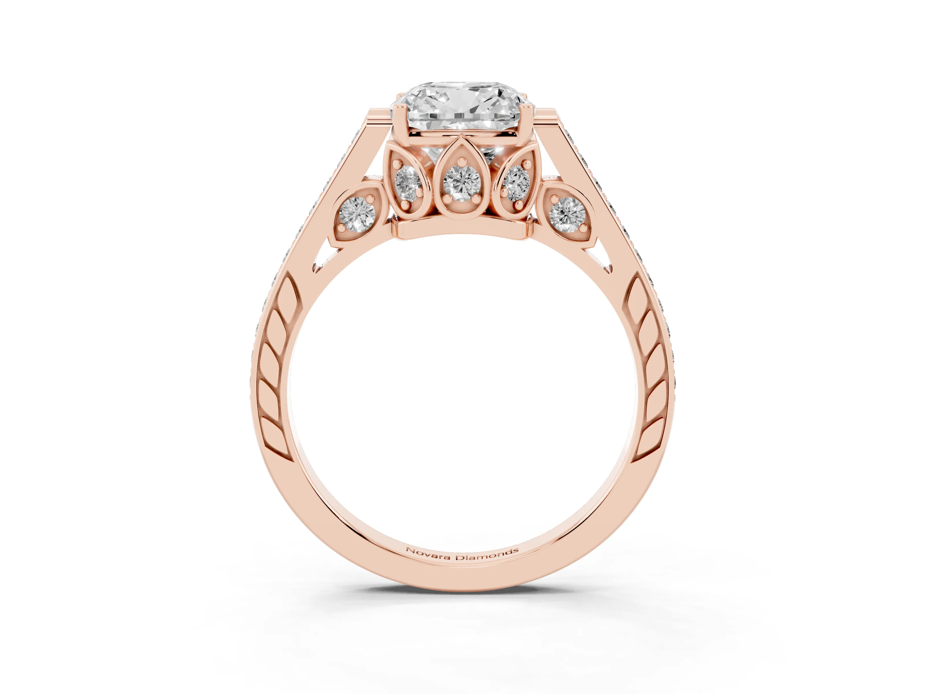 Cushion Cut Diamond Cathedral Pavé Engagement Ring Set in Rose gold with Prong Setting