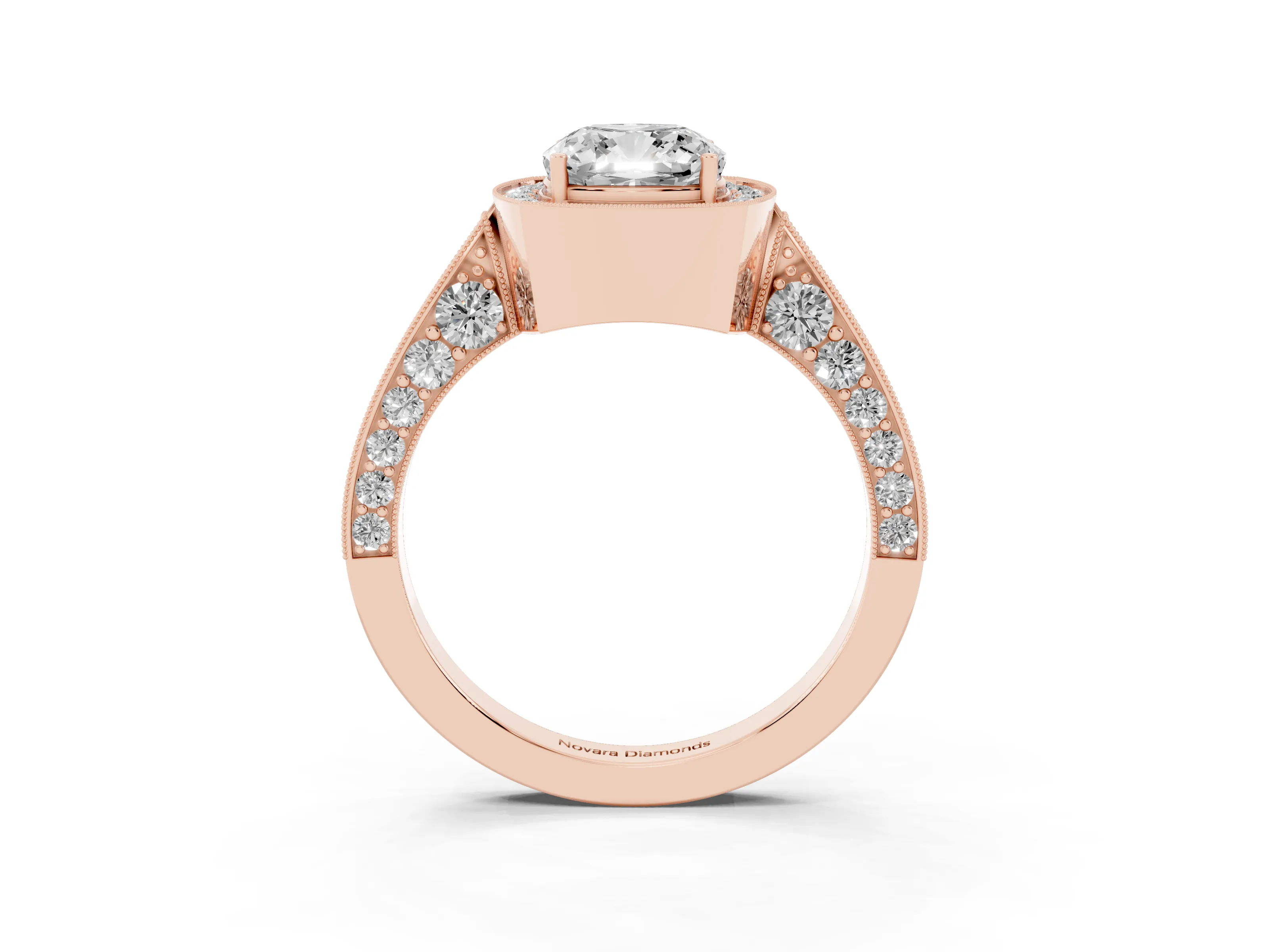 Cushion Cut Diamond Halo Engagement Ring Set in Rose gold with Accent Split Shank Band