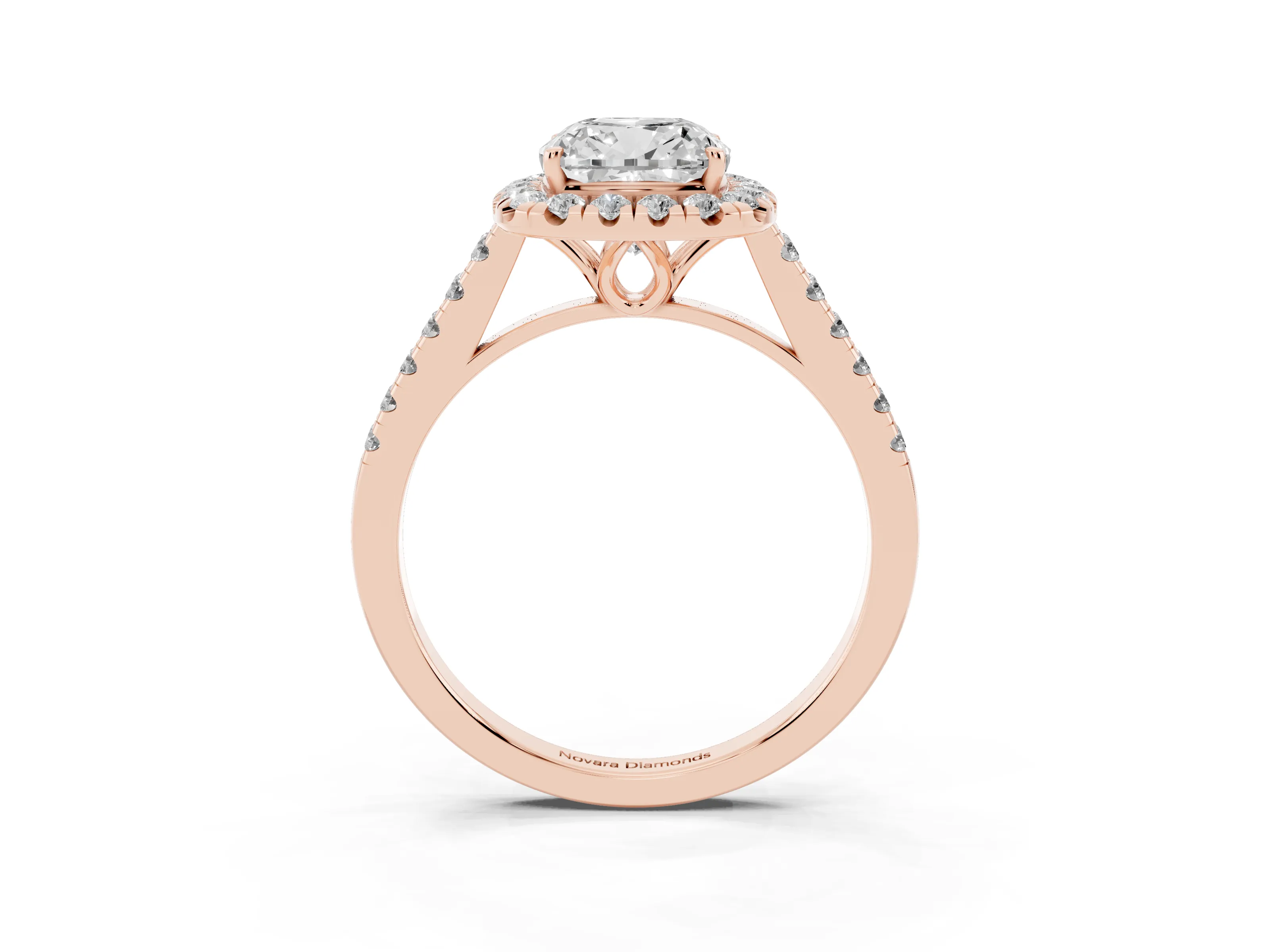 Cushion Cut Diamond Pavé Halo Engagement Ring Set in Rose gold with Pavé Band and Prong Setting