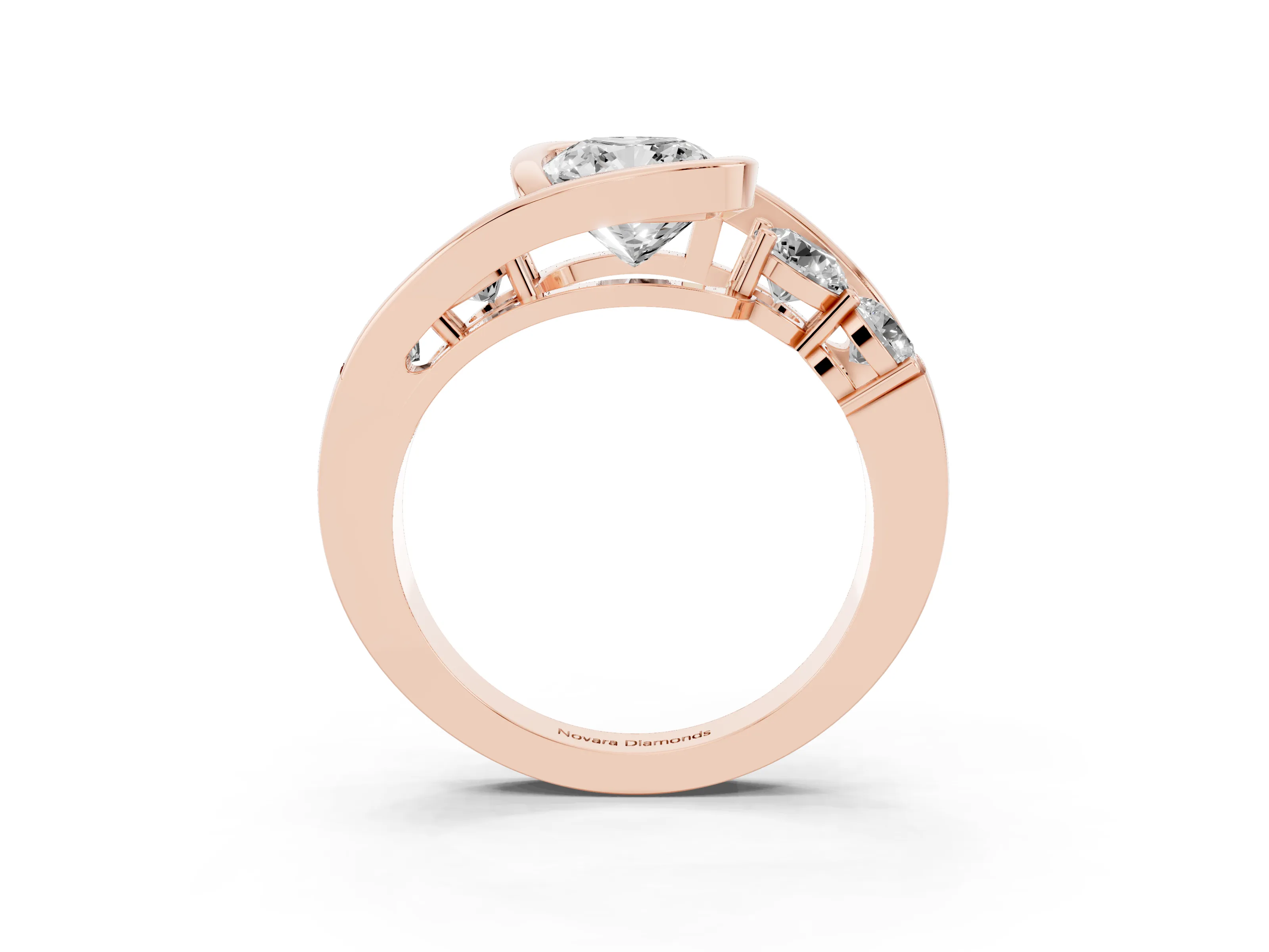 Cushion Cut Diamond Bezel Bypass Ring Set in Rose gold with Round Accents
