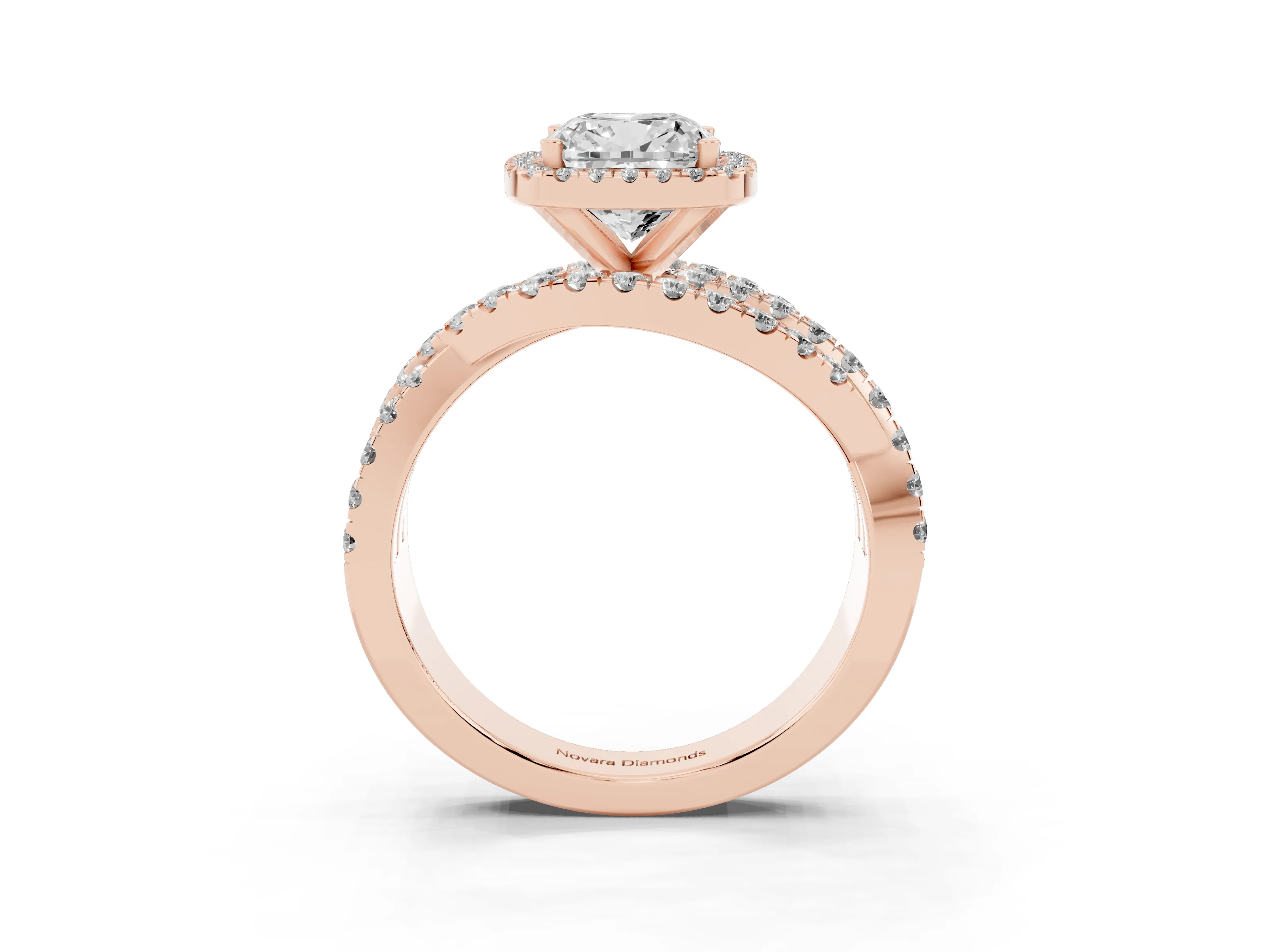 Cushion Cut Diamond Halo Ring Set in Rose gold with Round Crossover Split Shank and Prong Setting