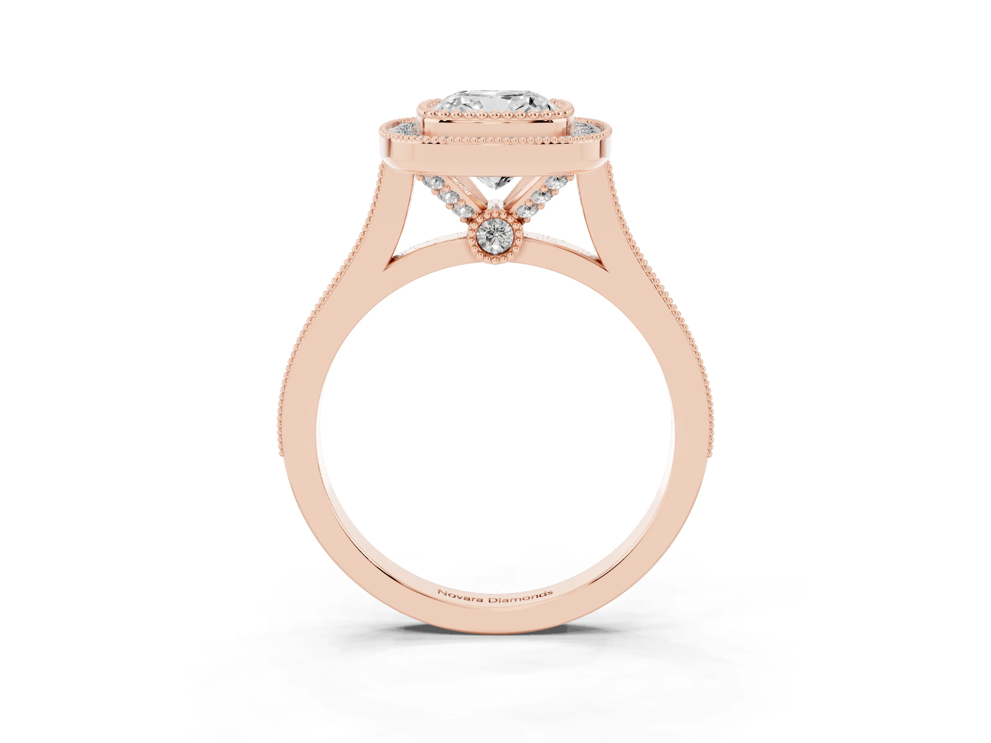 Cushion Cut Diamond Halo Ring Set in Rose gold with Milgrain Frame and Pavé Band