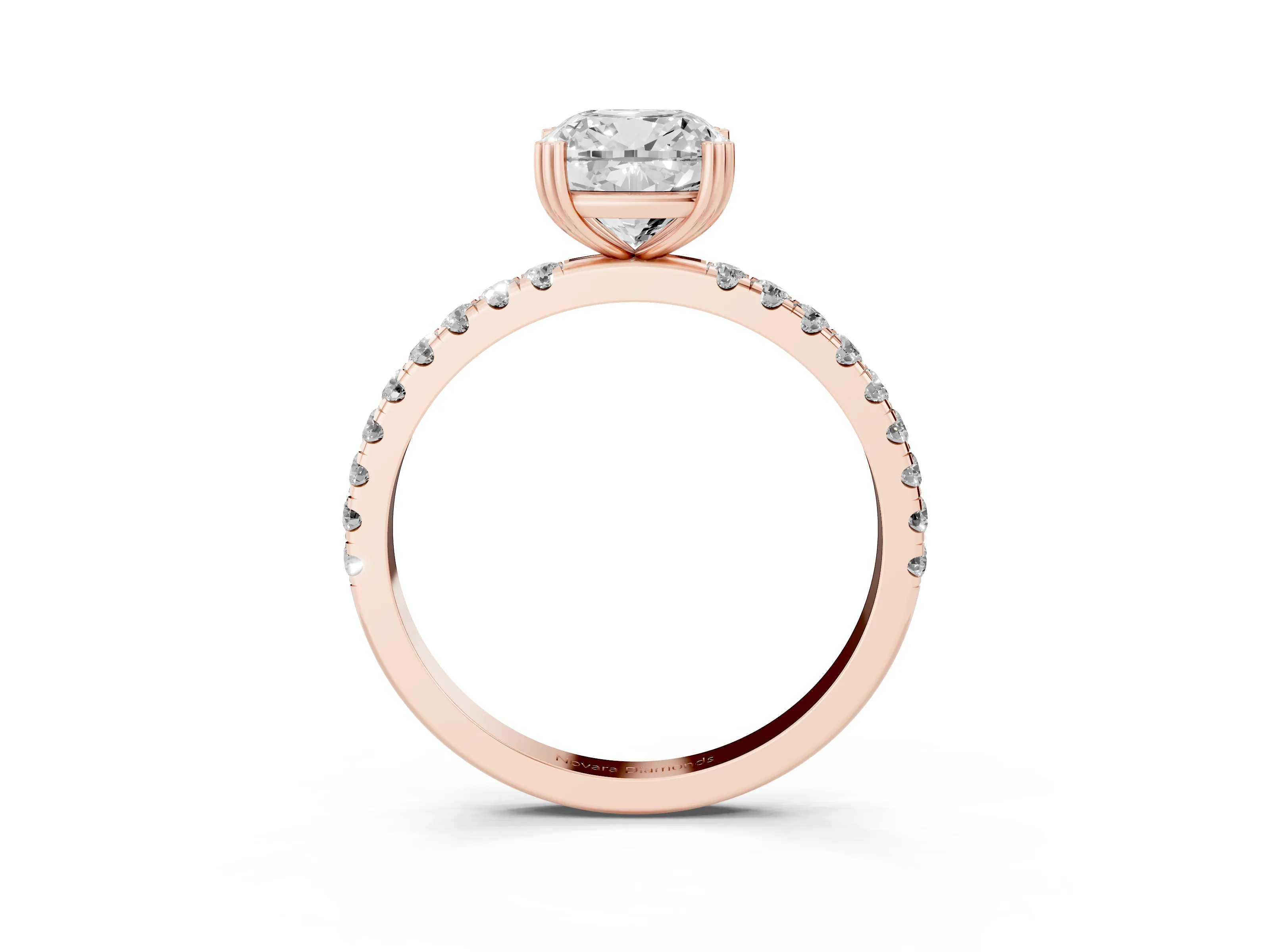Cushion Cut Diamond Brilliant Solitaire Set in Rose gold with Pavé Band and Claw Prong Setting