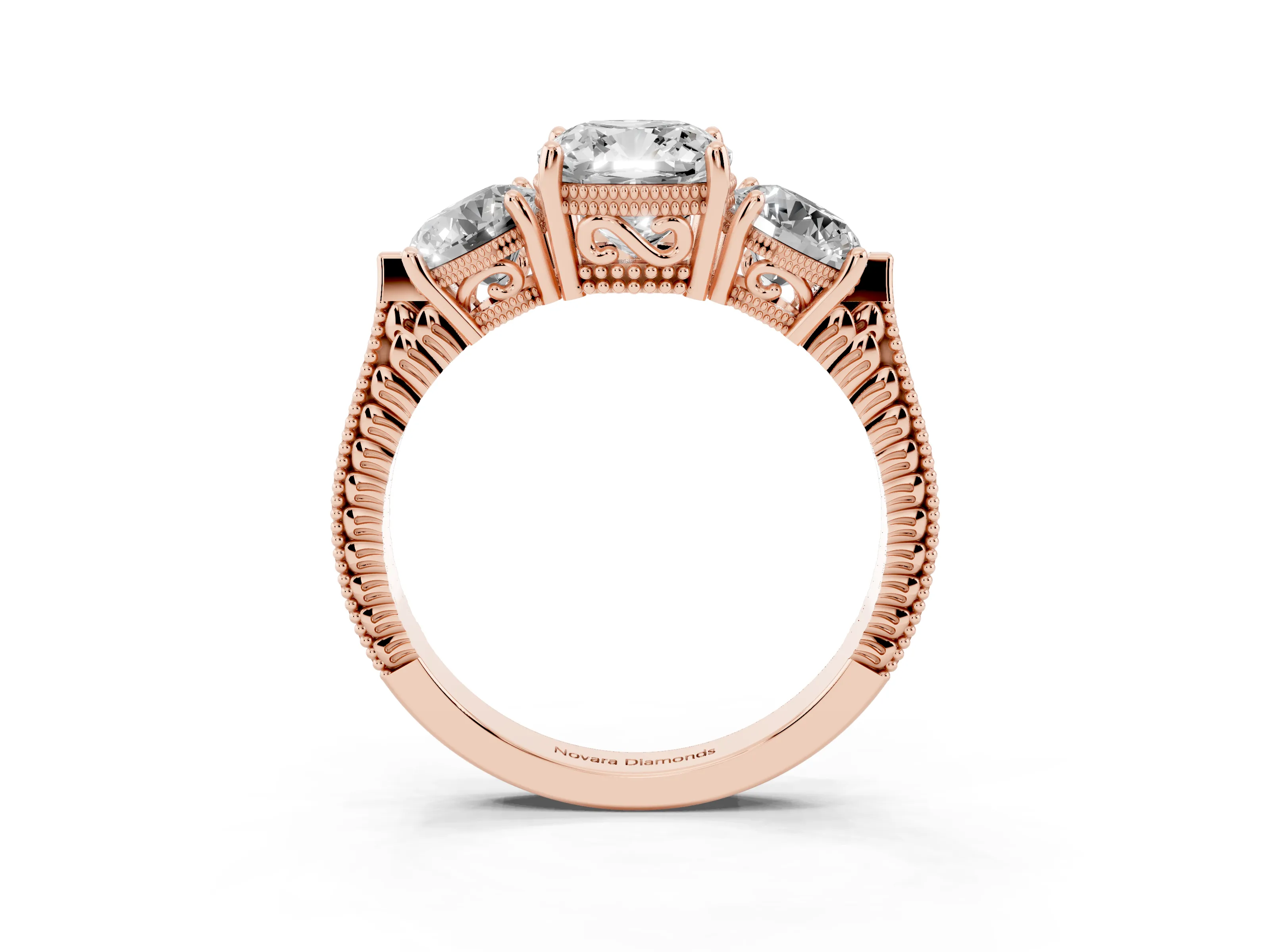 Cushion Cut Diamond Three-Stone Ring Set in Rose gold with Milgrain Band