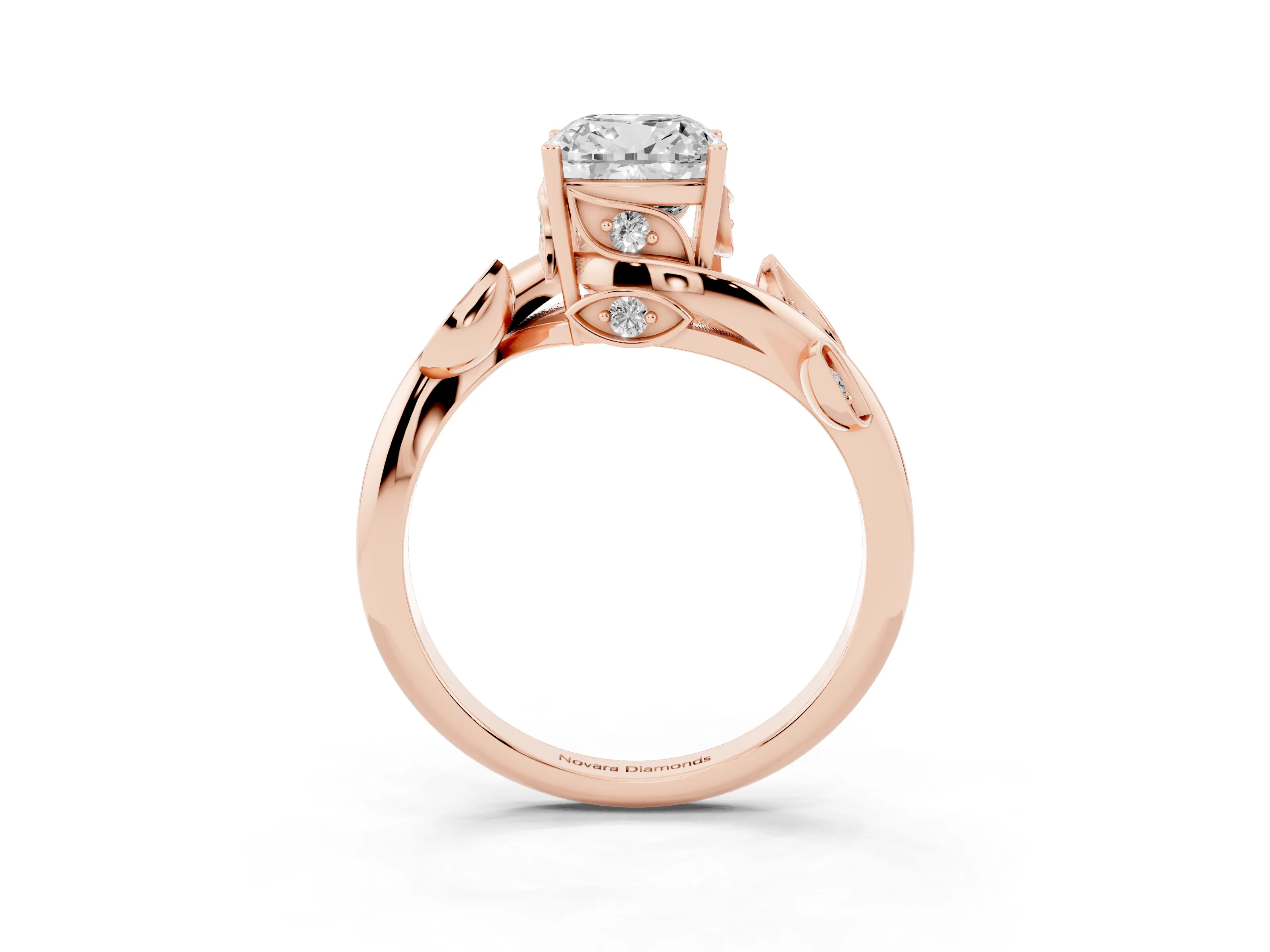 Cushion Cut Diamond Solitaire Twist Engagement Ring Set in Rose gold with Pavé Leaf Accents
