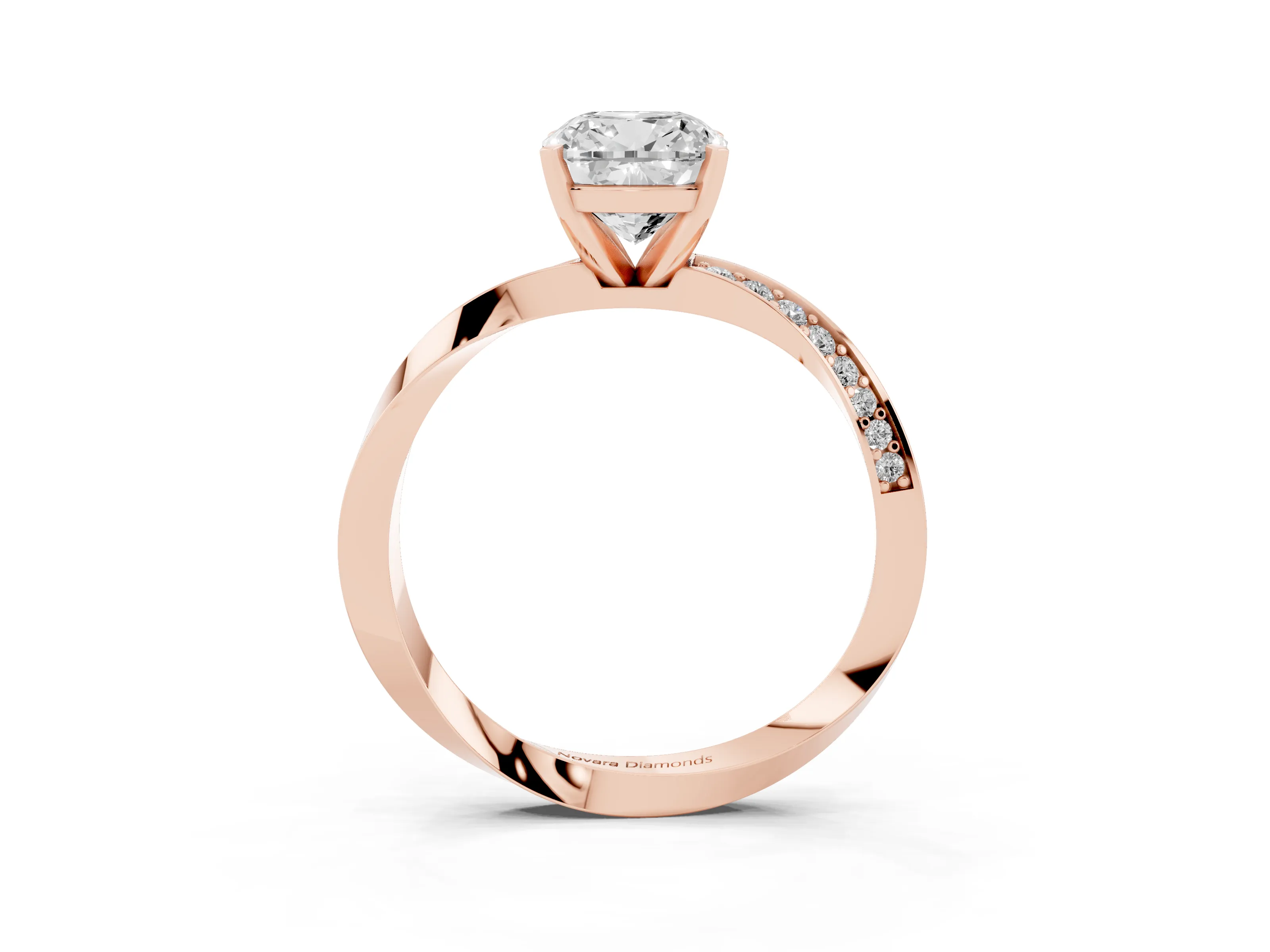 Cushion Cut Diamond Engagement Ring Set in Rose gold with Side Stone Accents and Prong Setting