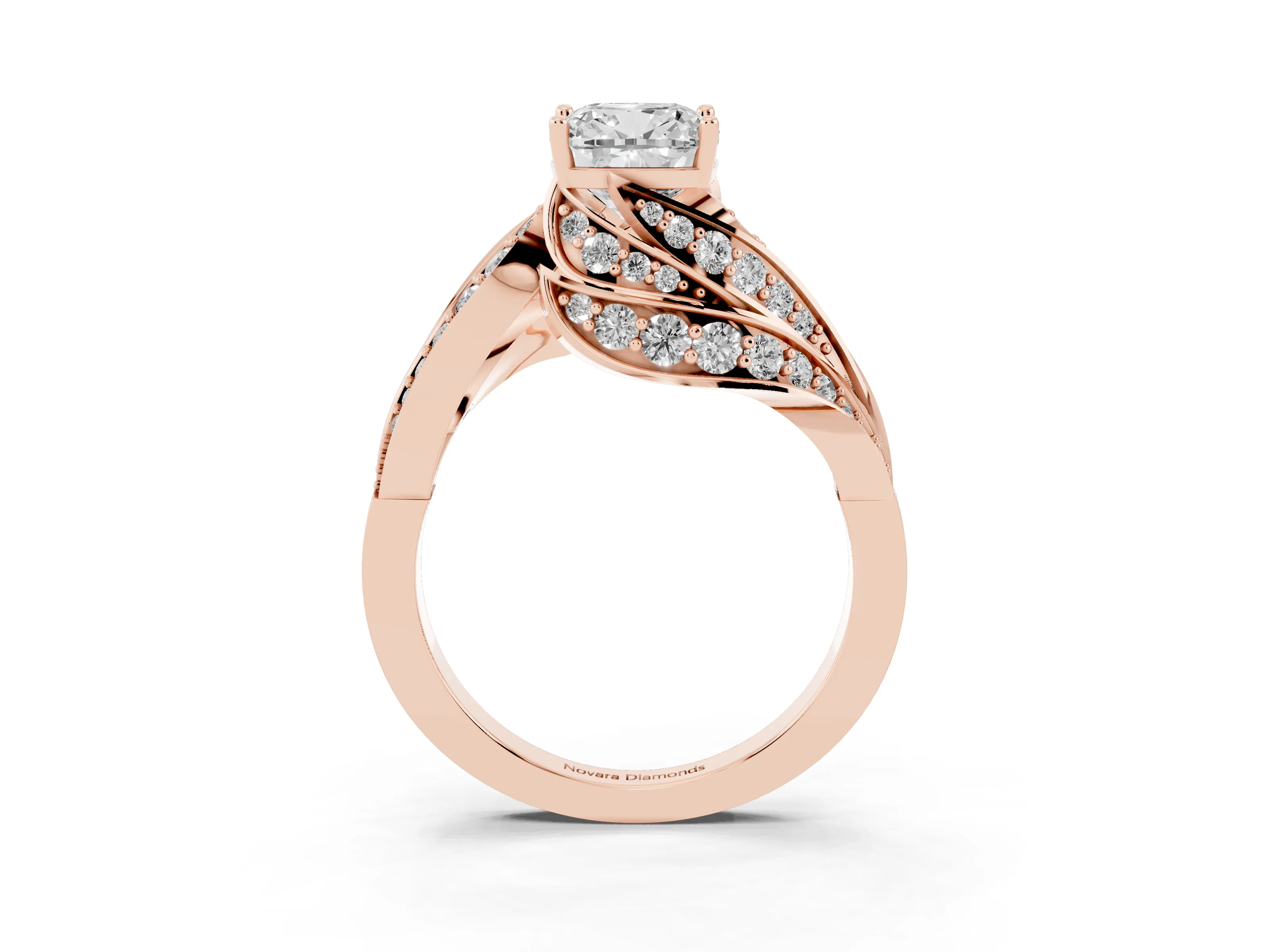 Cushion Cut Diamond Solitaire Ring Set in Rose gold with Layered Twist Pavé Band
