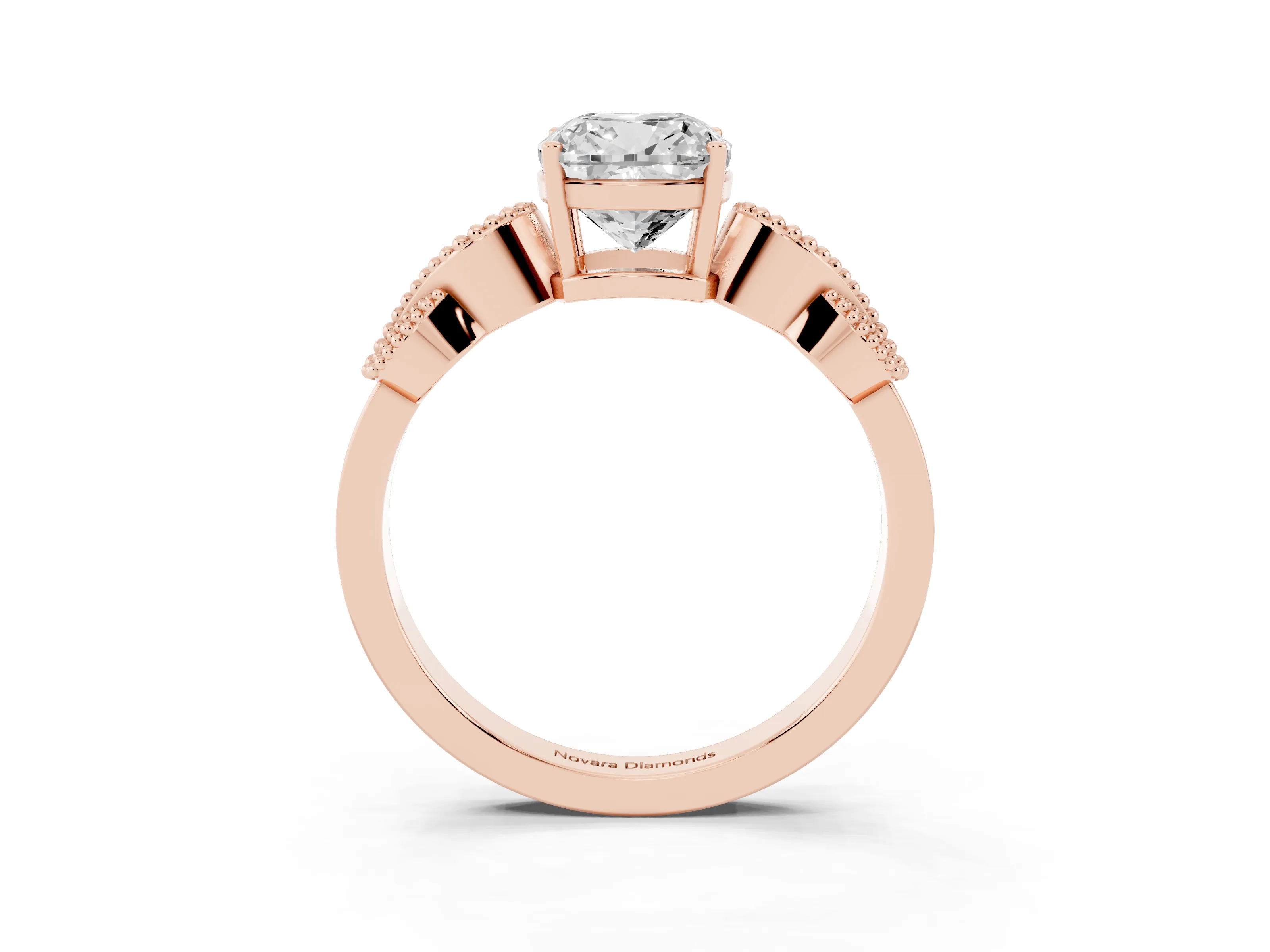 Cushion Cut Diamond Milgrain Leaf Band Solitaire Ring Set in Rose gold with Accent Stones and Prong Setting