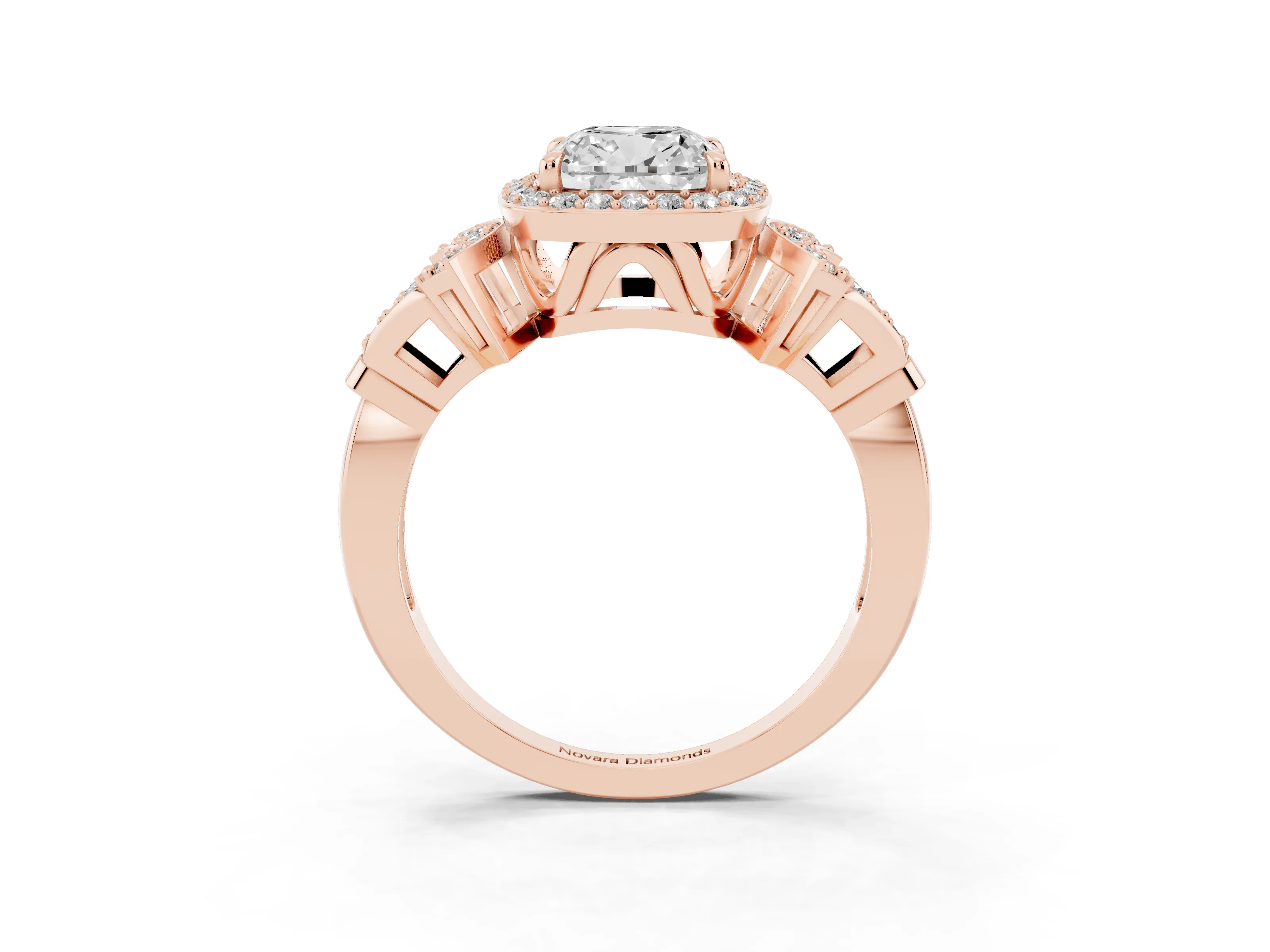 Cushion Cut Diamond Halo Engagement Ring Set in Rose gold with Accent Stone Split Shank