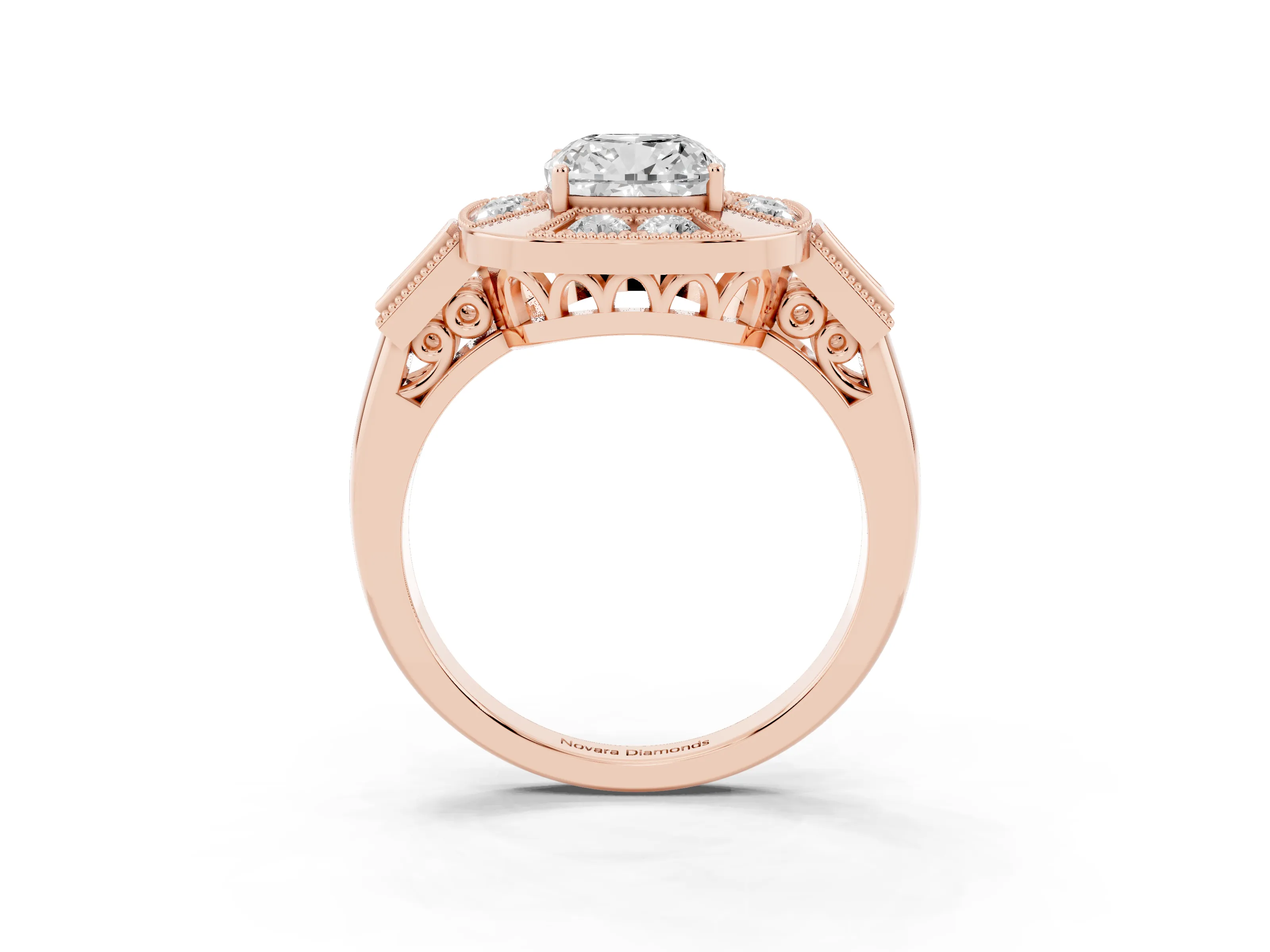 Cushion Cut Diamond Milgrain Halo Ring Set in Rose gold with Split Shank