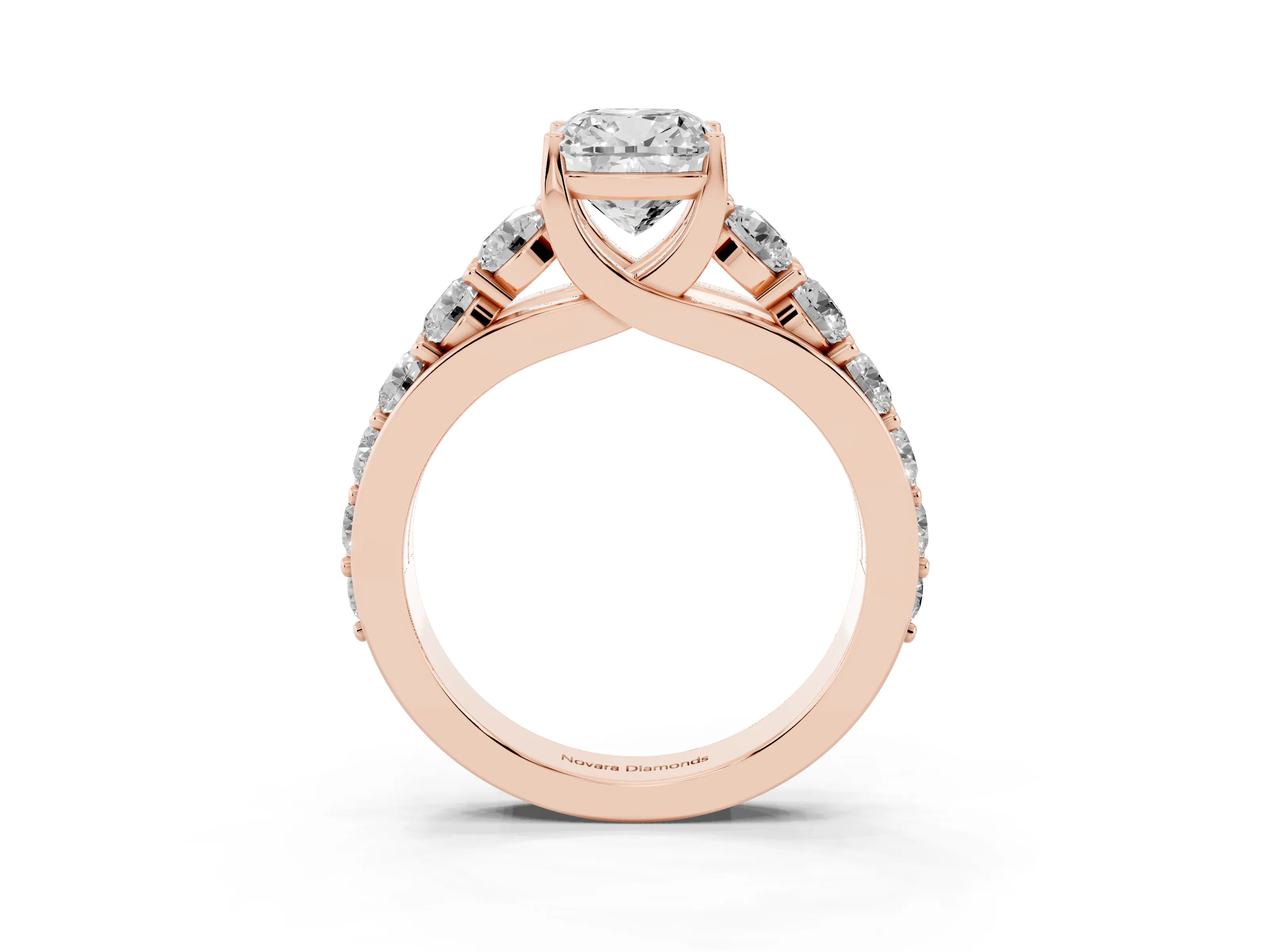 Cushion Cut Diamond Pavé Engagement Ring Set in Rose gold with Prong Setting