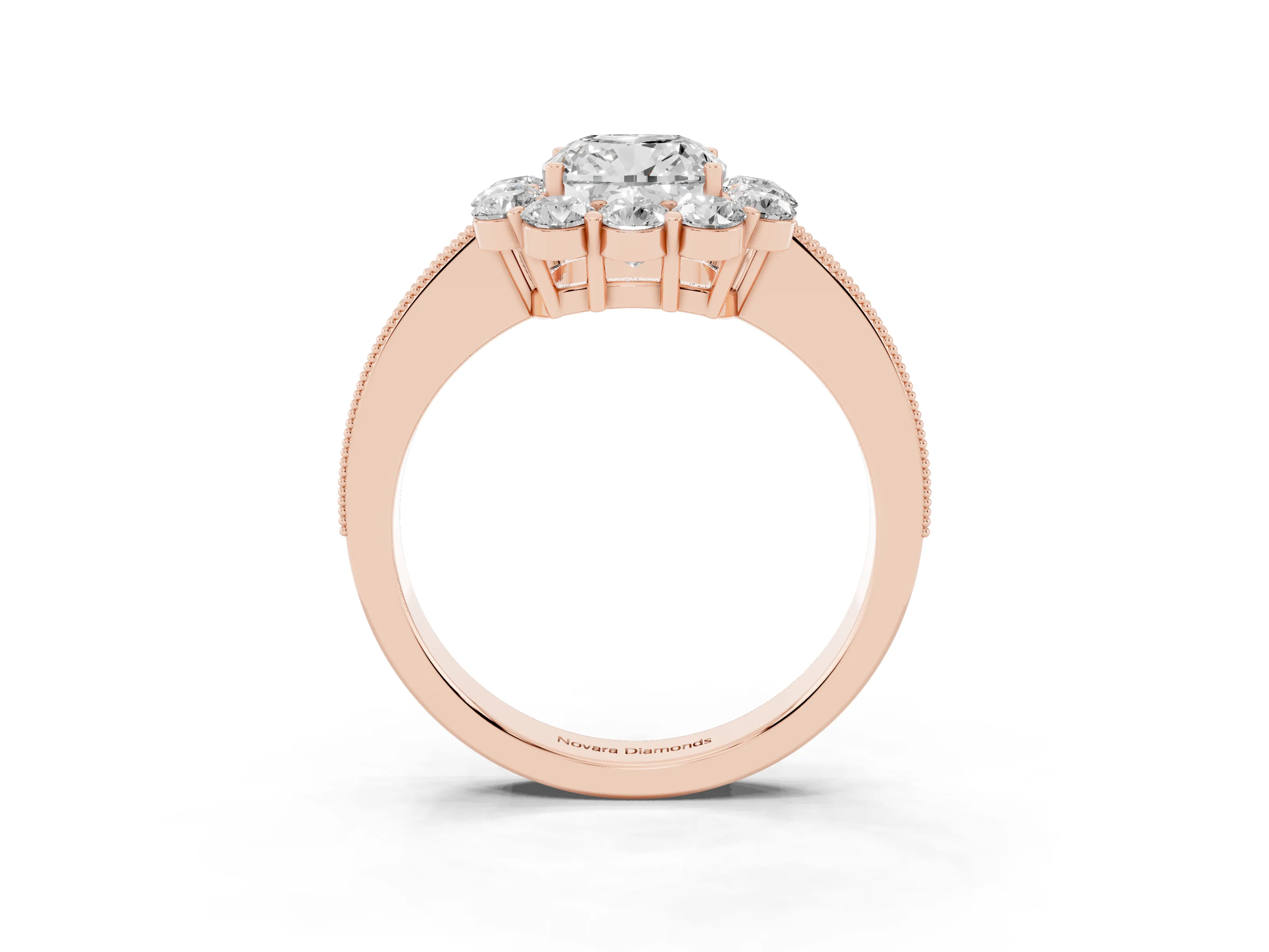 Cushion Cut Diamond Halo Pavé Engagement Ring Set in Rose gold with Milgrain Detailing