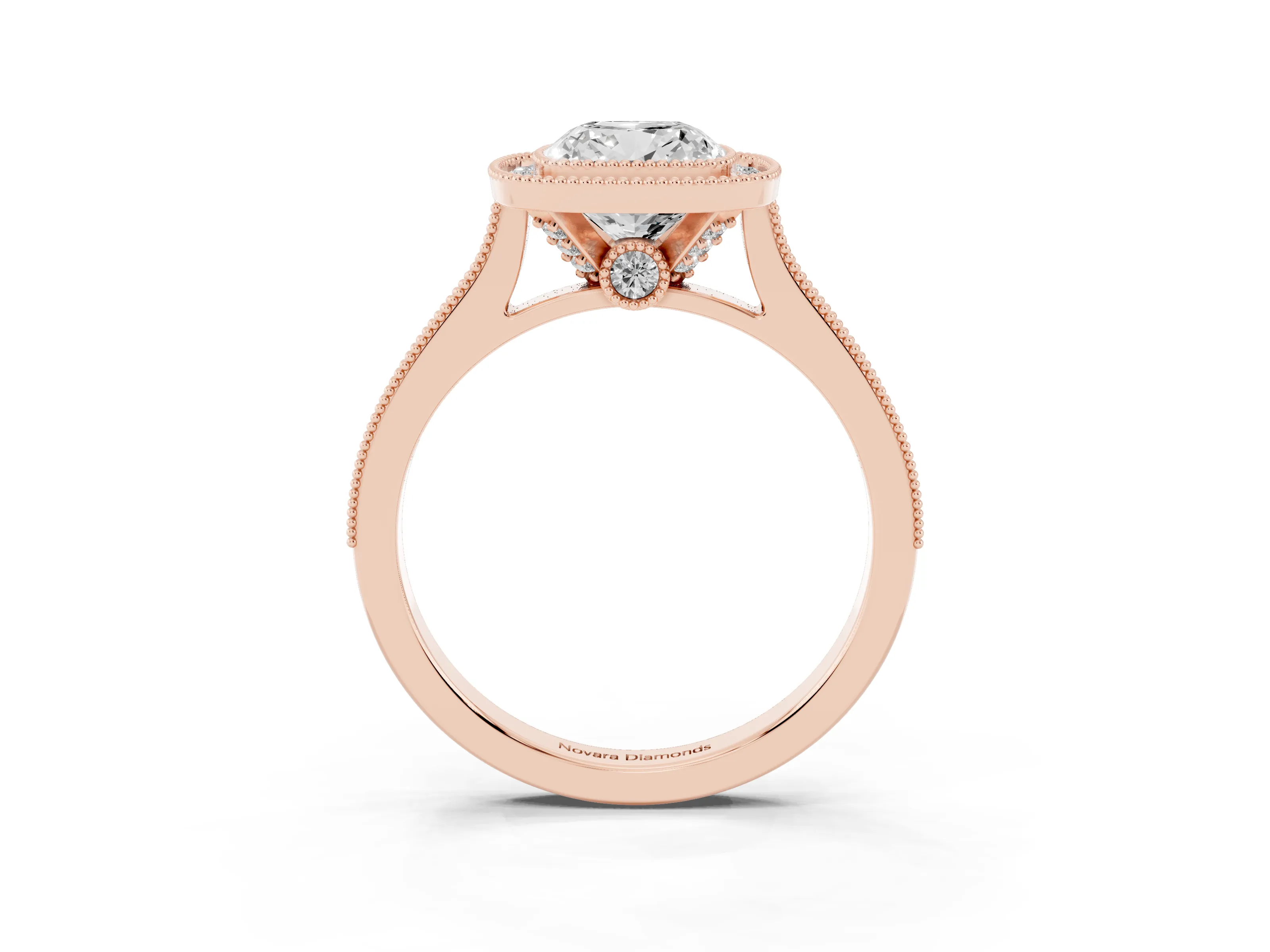Cushion Cut Diamond Halo Milgrain Pavé Band Ring Set in Rose gold with Prong Setting