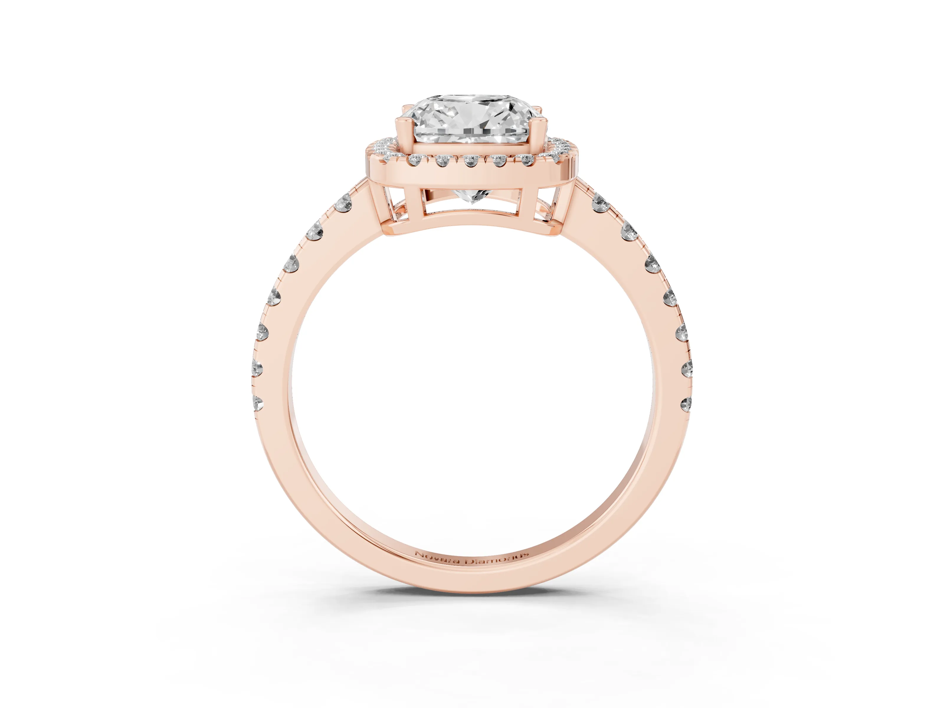 Cushion Cut Diamond Halo Ring Set in Rose gold with Delicate Pavé Band and Prong Setting