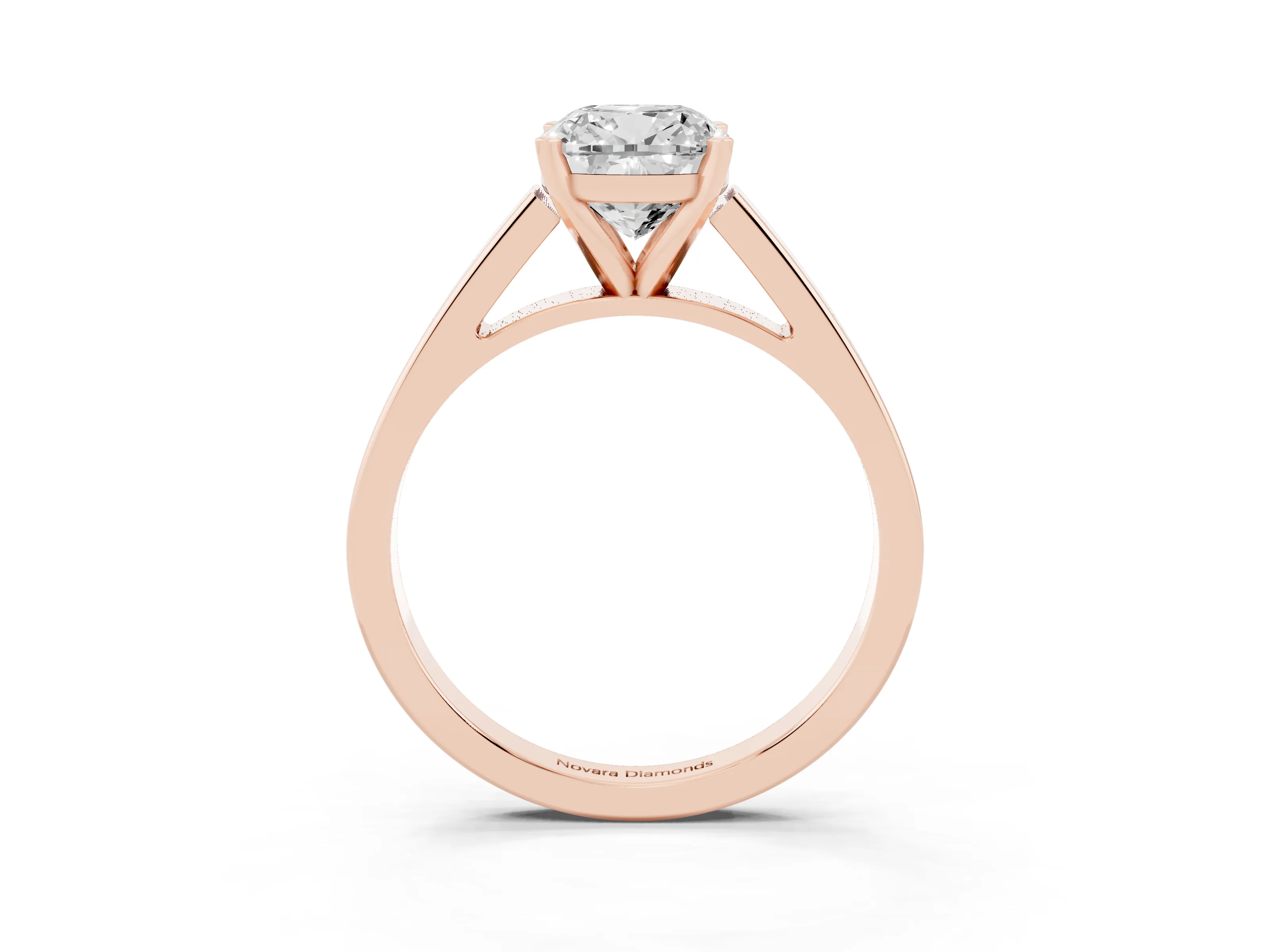 Cushion Cut Diamond Solitaire Engagement Ring Set in Rose gold with Prong Setting and Tapered Band