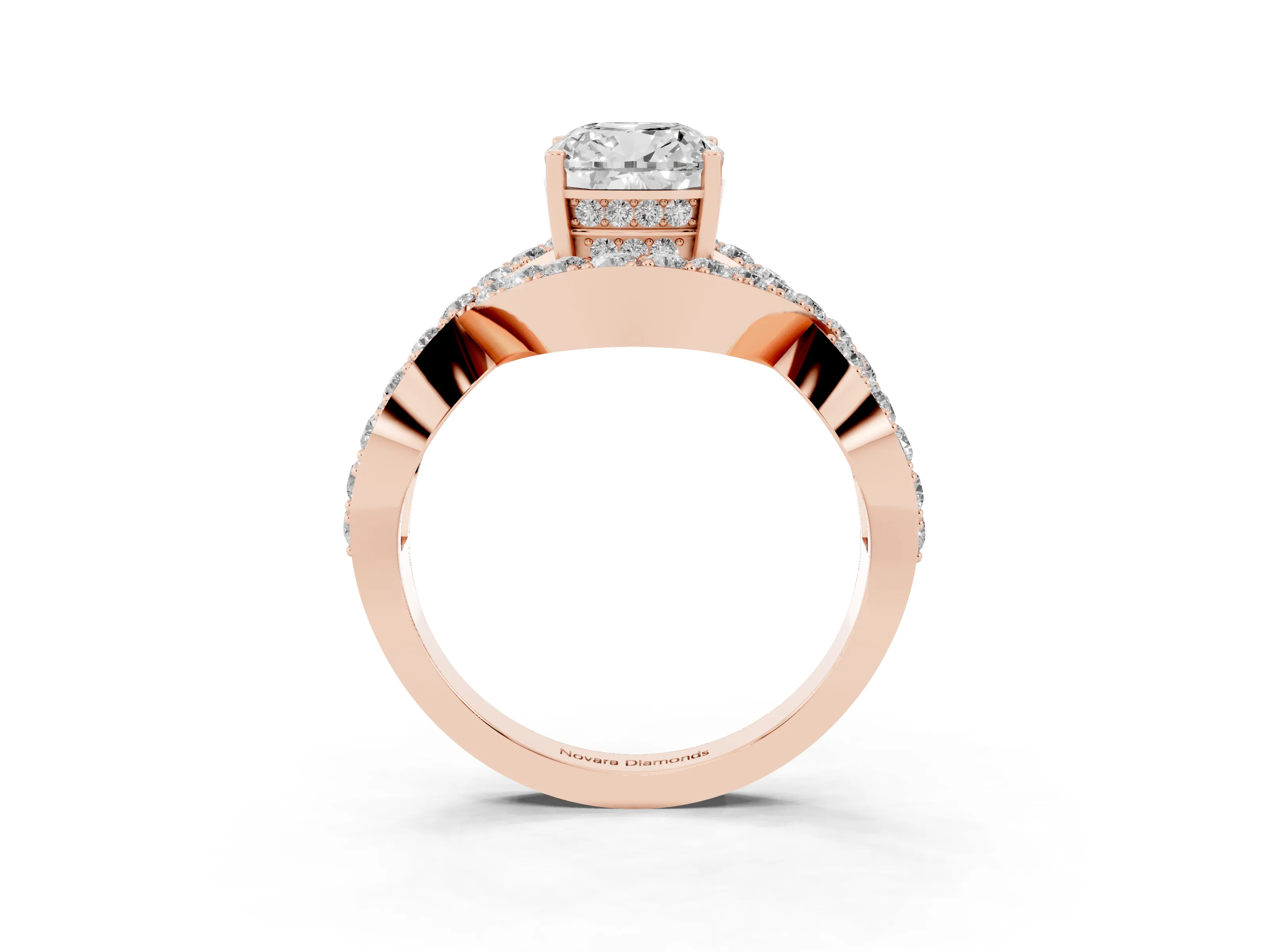 Cushion Cut Diamond Solitaire Twist Band Pavé Engagement Ring Set in Rose gold