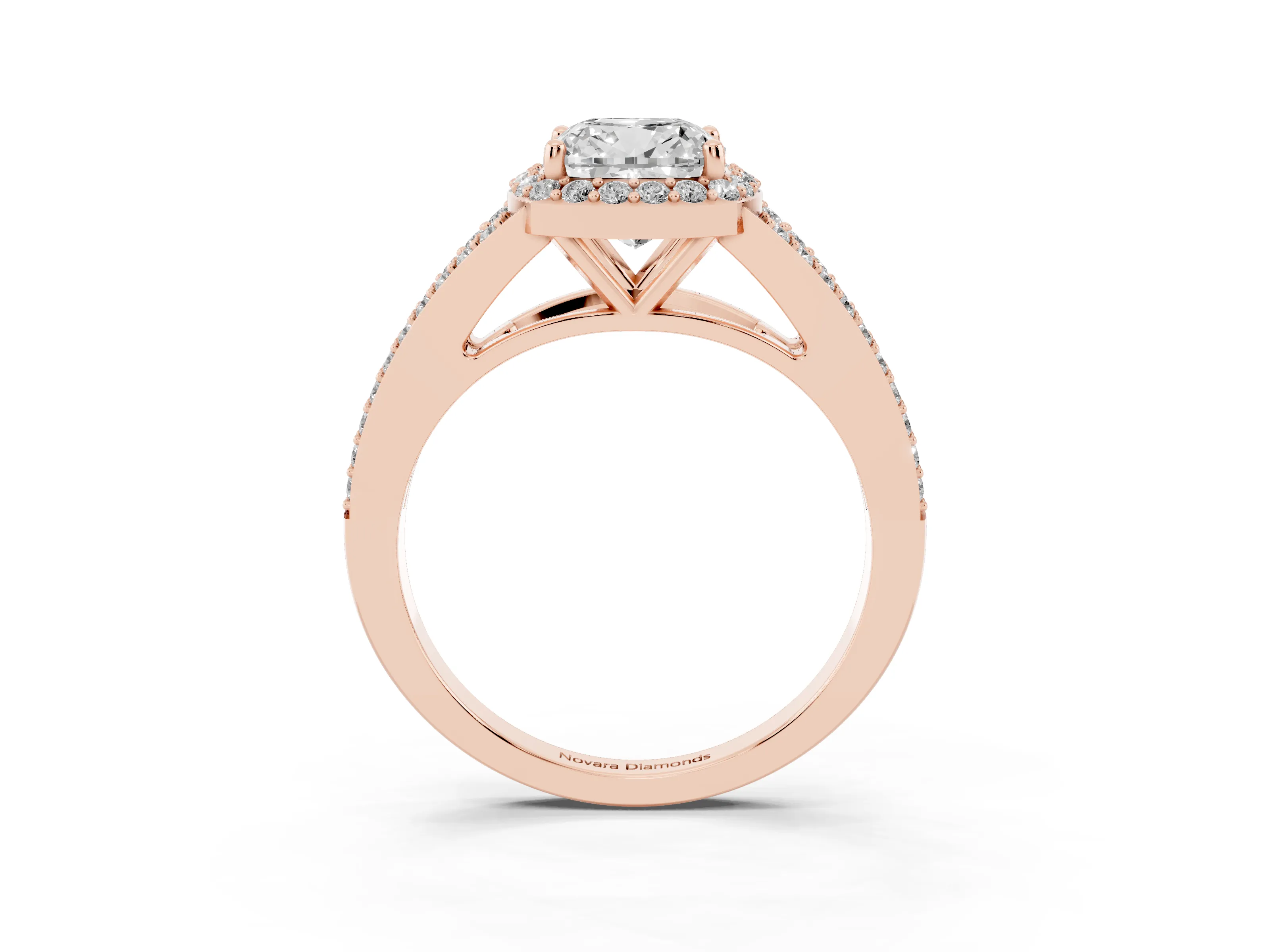Cushion Cut Diamond Halo Split Shank Ring Set in Rose gold with Accent Stones and Prong Setting