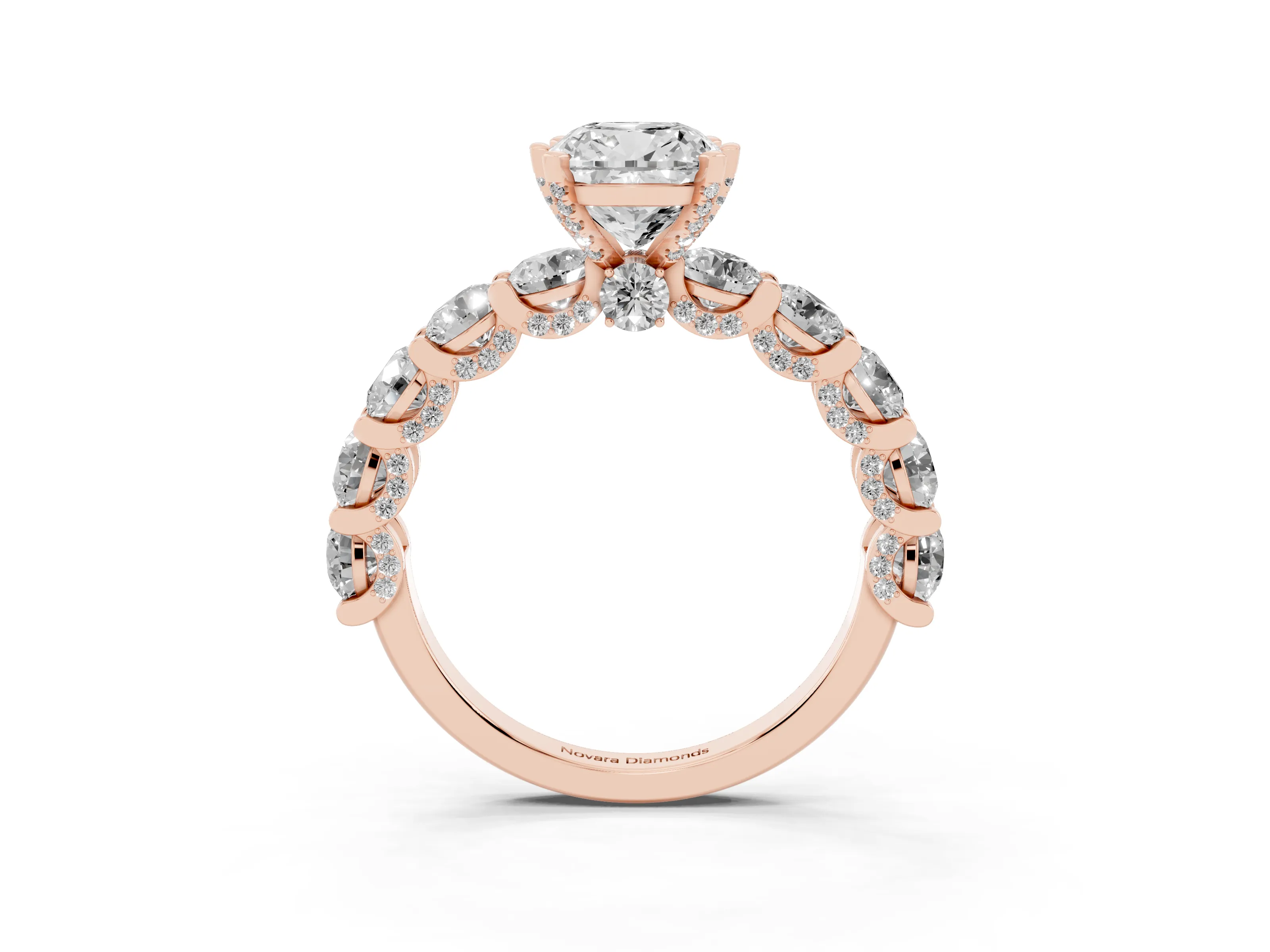 Cushion Cut Diamond Side Stone Ring Set in Rose gold with Alternating Round and Oval Side Stones