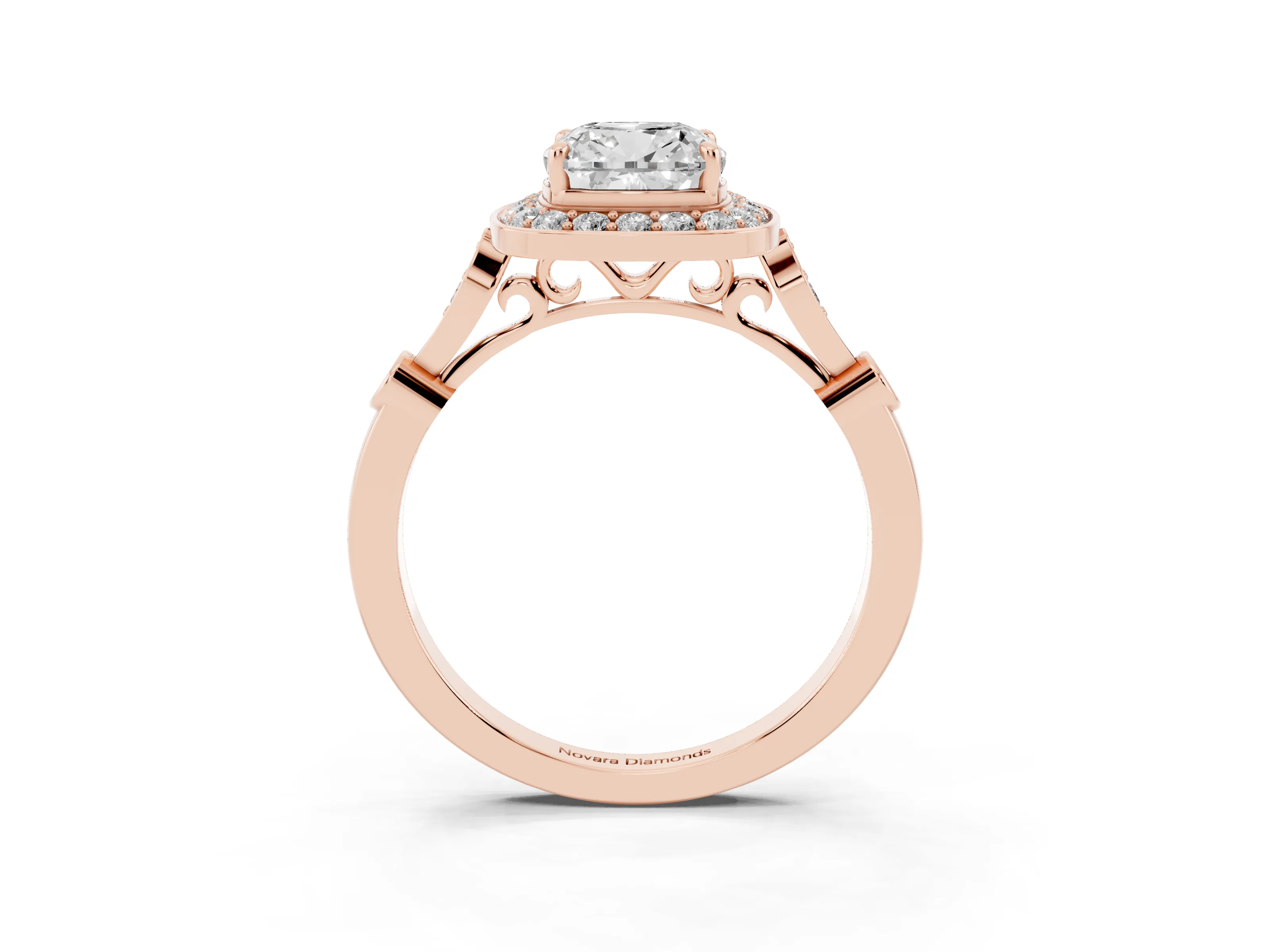 Cushion Cut Diamond Halo Engagement Ring Set in Rose gold with Twisted Band and Prong Setting