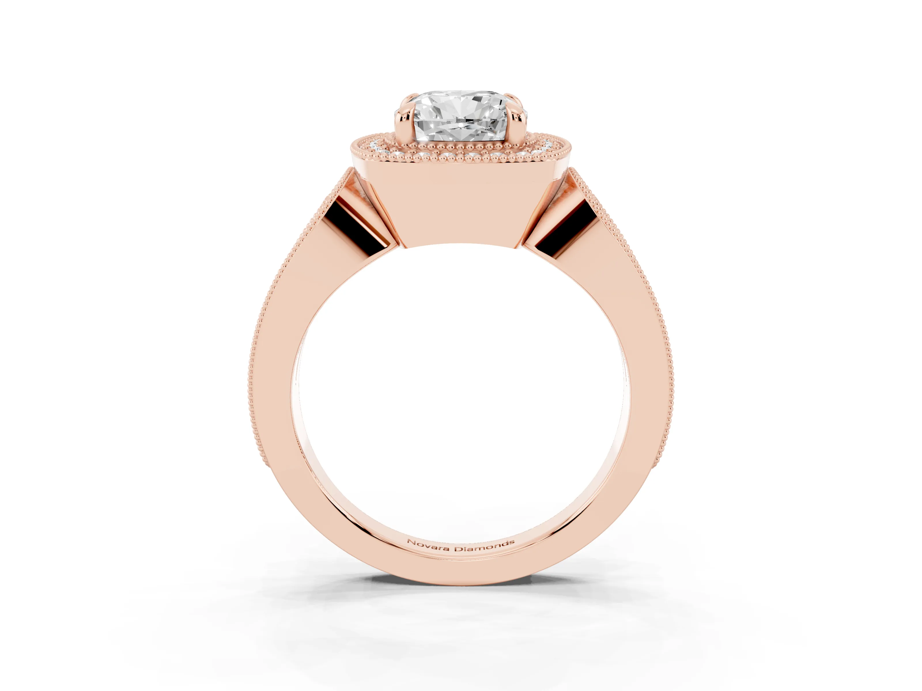Cushion Cut Diamond Halo Ring Set in Rose gold with Milgrain Accent Split Shank