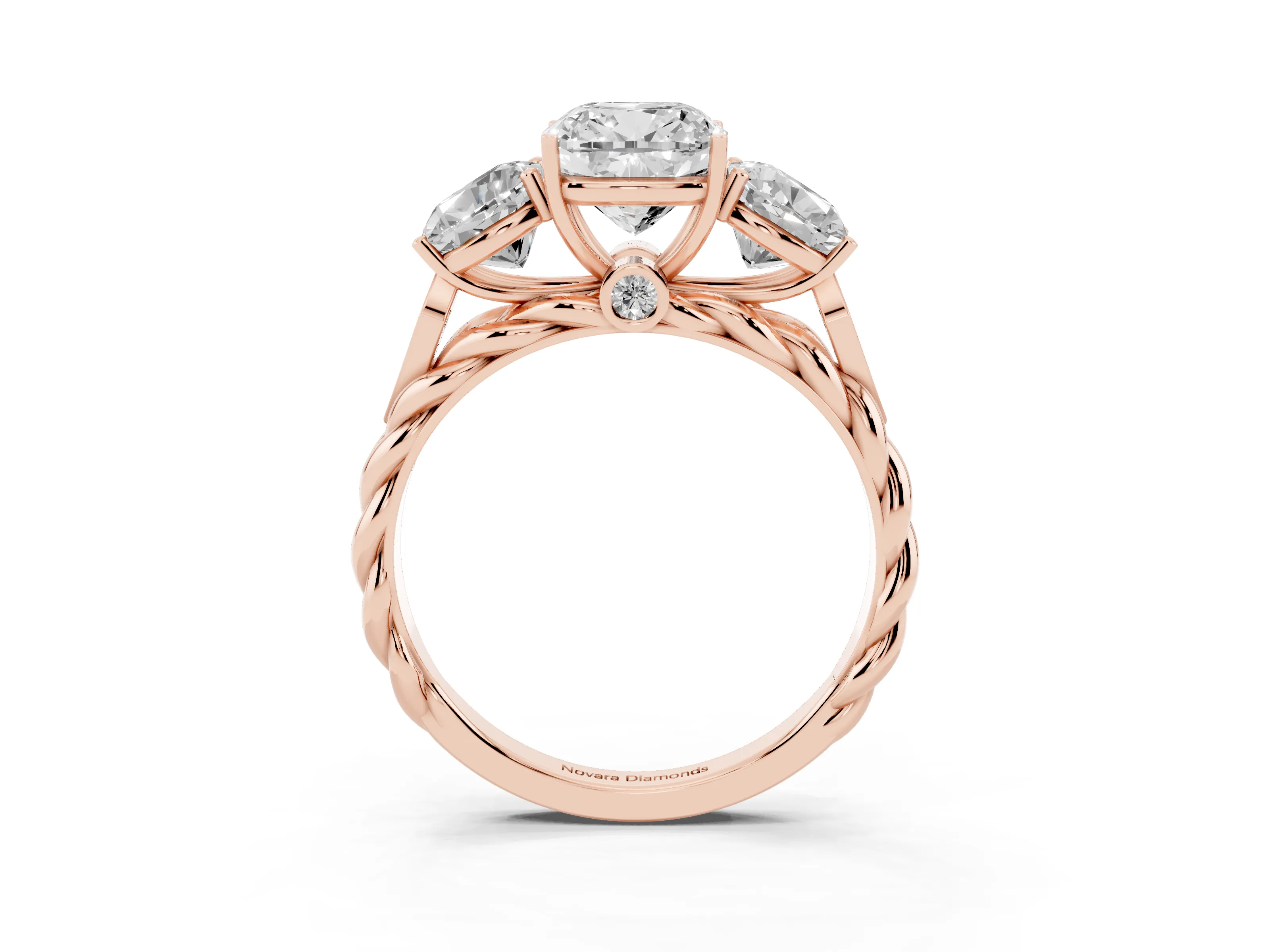 Cushion Cut Diamond Three-Stone Ring Set in Rose gold with Braided Band