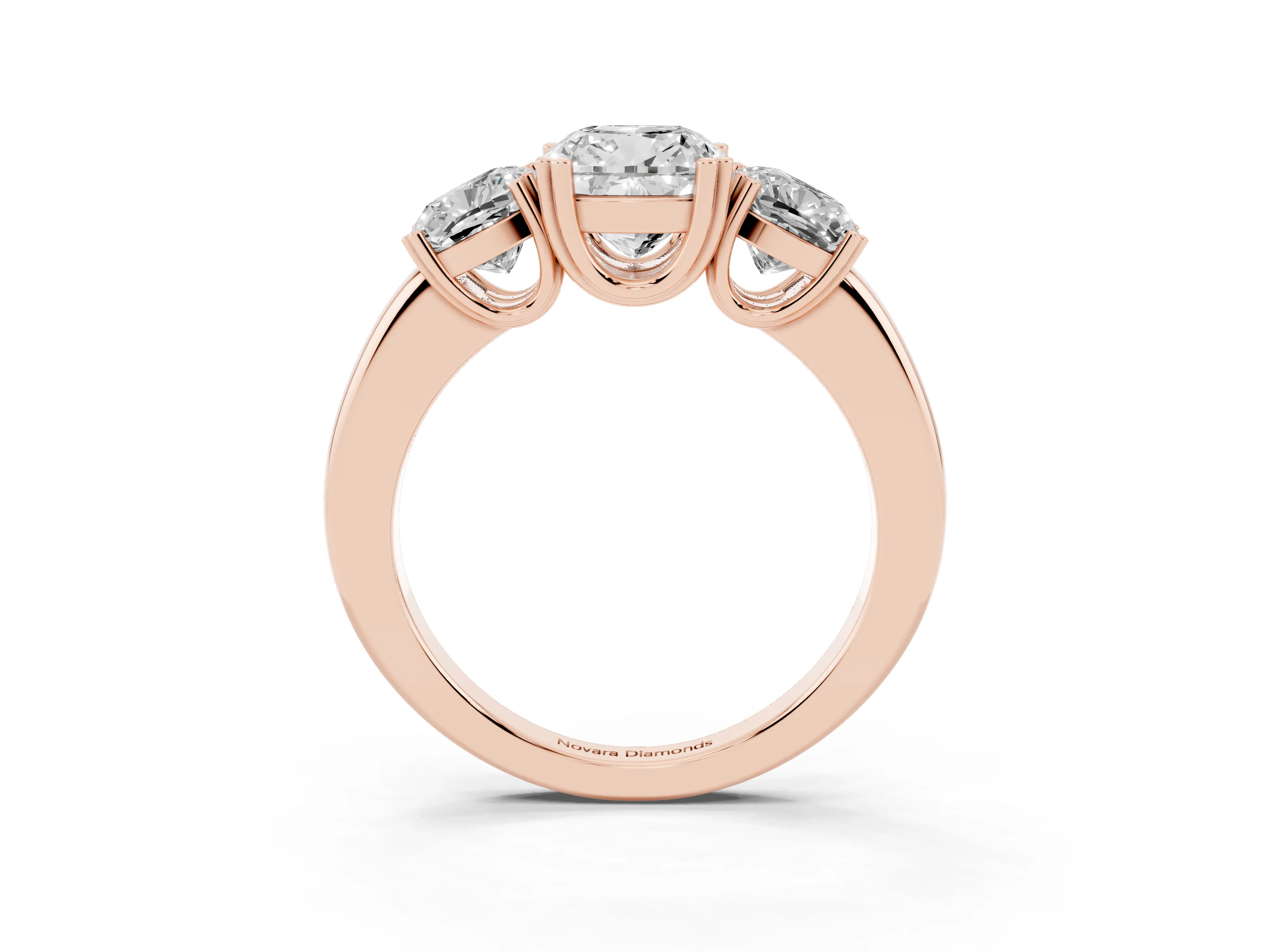 Cushion Cut Diamond Three-Stone Ring Set in Rose gold with Polished Band and Prong Setting