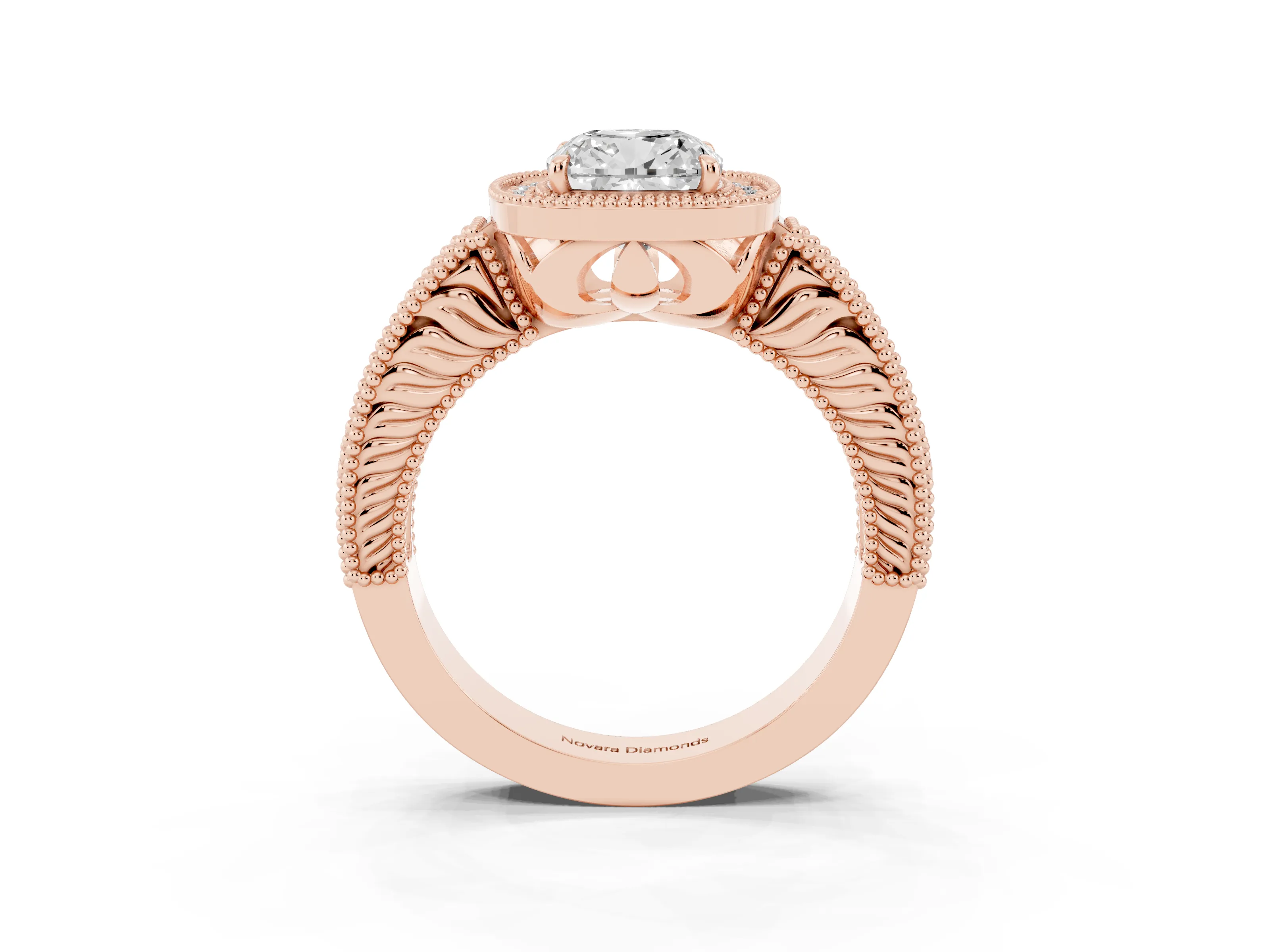 Cushion Cut Diamond Halo Ring Set in Rose gold with Round Accent Halo, Pavé Band and Prong Setting