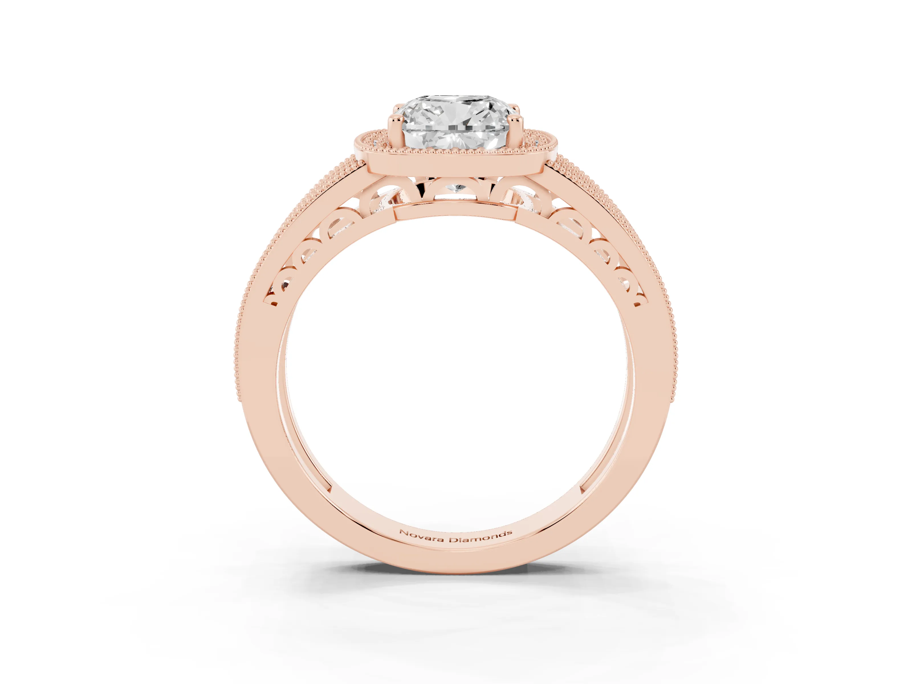 Cushion Cut Diamond Halo Ring Set in Rose gold with Accent Split Shank and Prong Setting