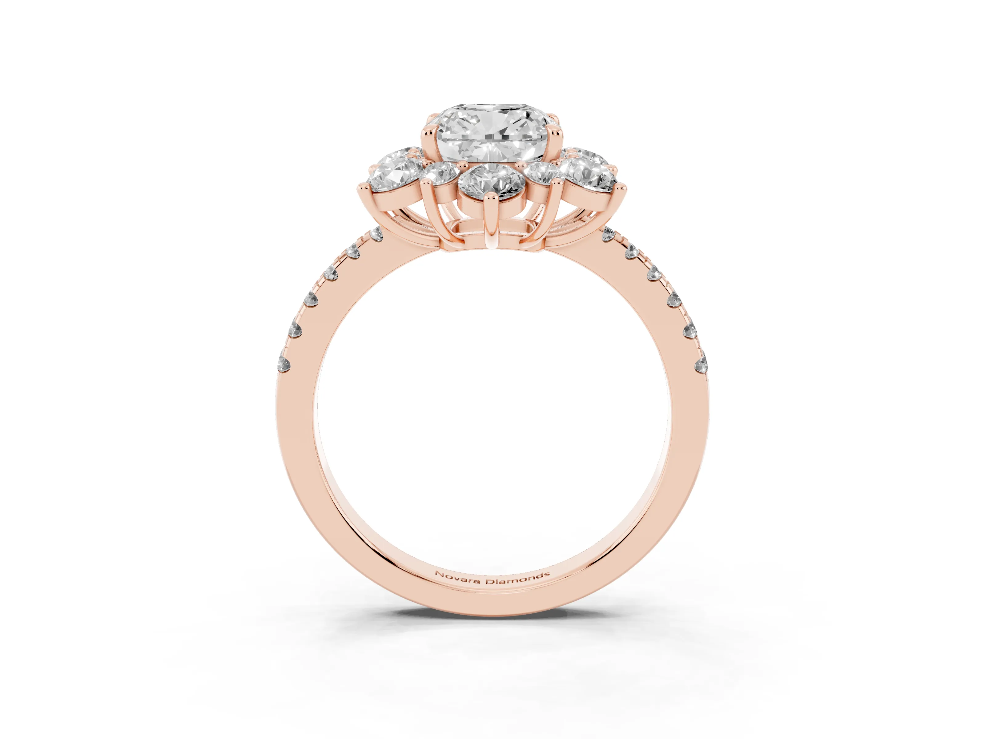 Cushion Cut Diamond Floral Halo Ring Set in Rose gold with Round Pavé Band and Prong Setting