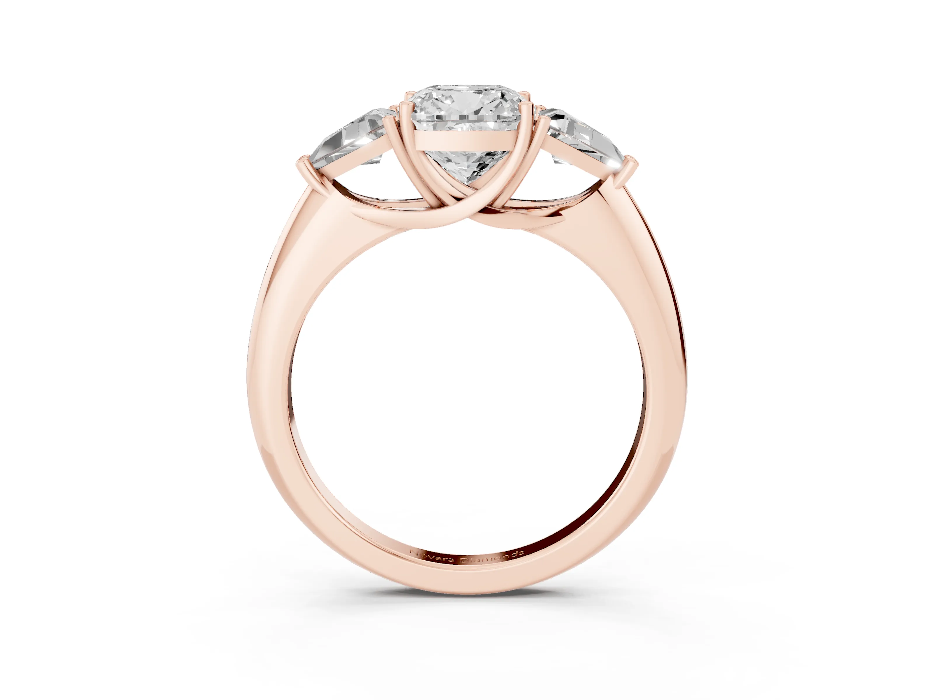 Cushion Cut Diamond Three-Stone Engagement Ring Set in Rose gold with Trillion Side Stones
