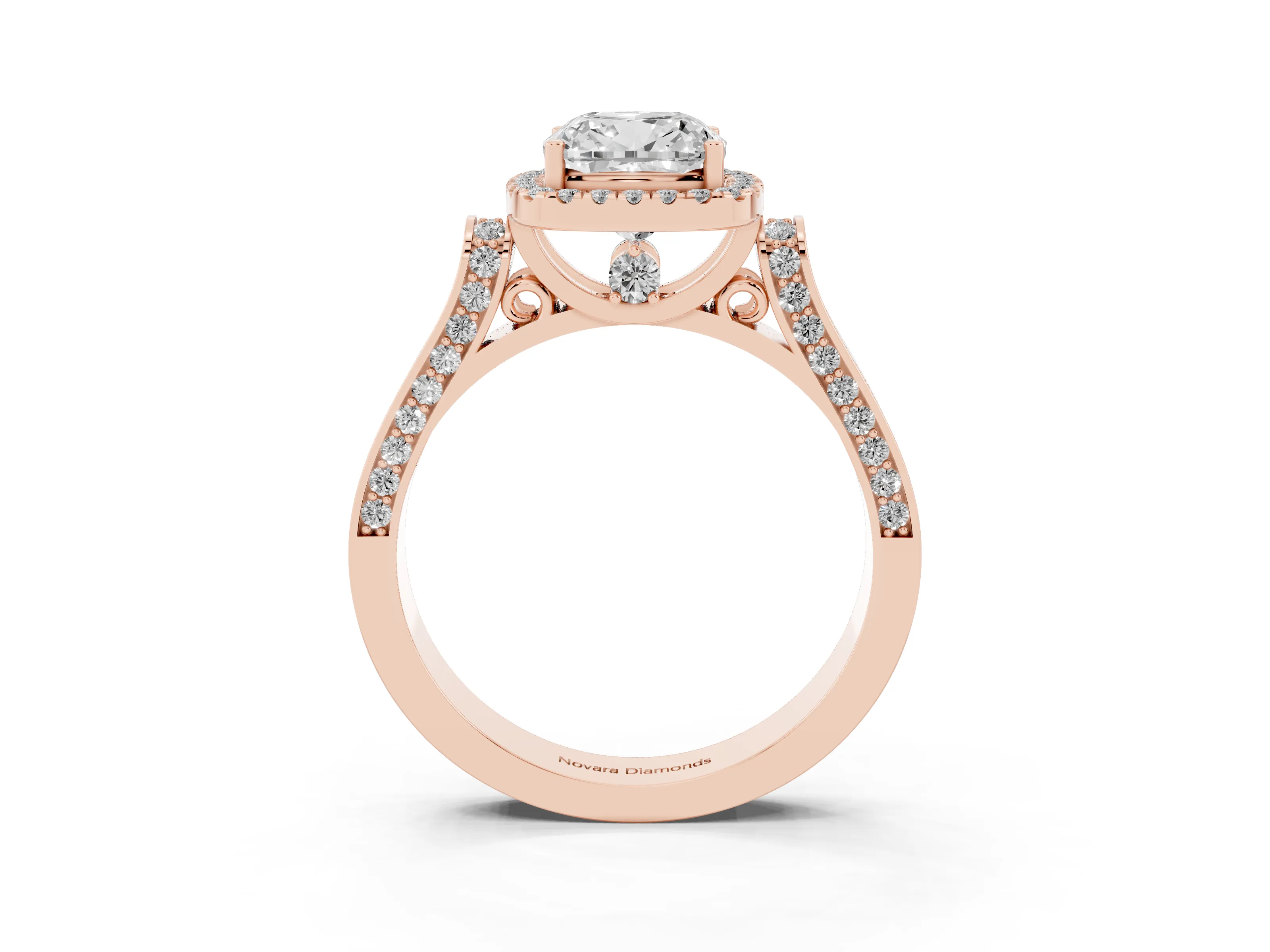 Cushion Cut Diamond Halo Ring Set in Rose gold with Pavé-Lined Split Shank Band