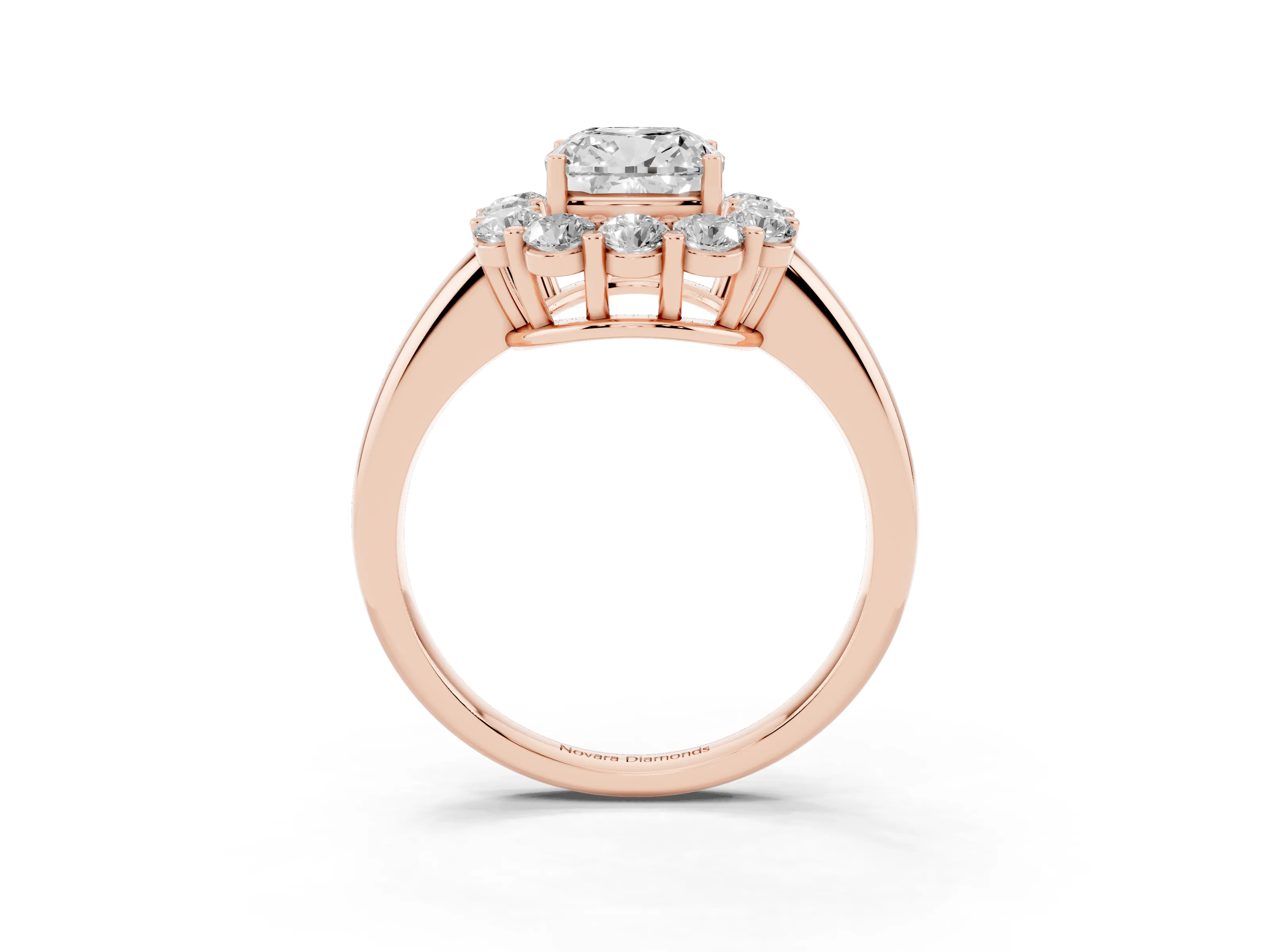 Cushion Cut Diamond Halo Cluster Engagement Ring Set in Rose gold with Polished Band and Prong Setting