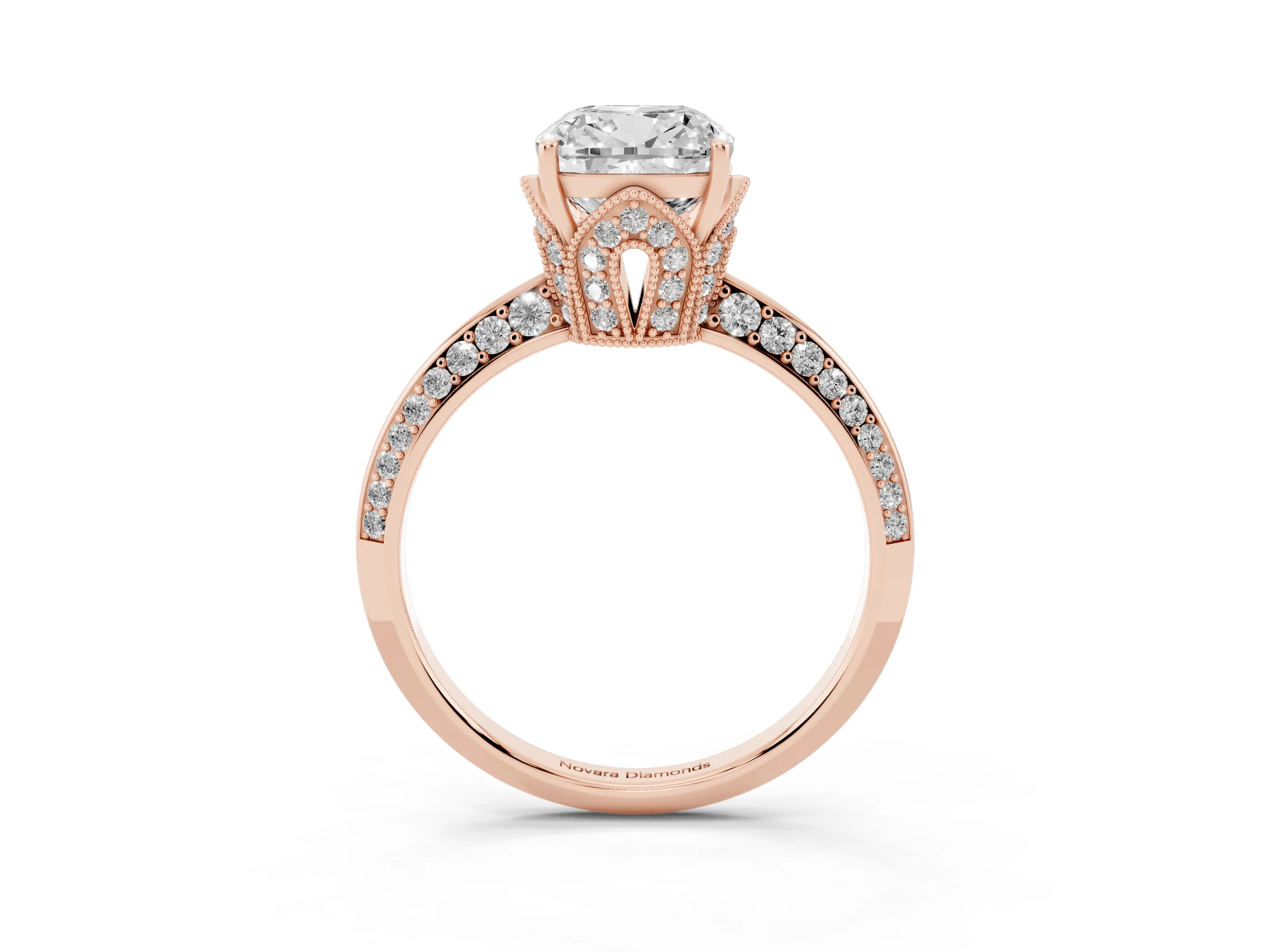 Cushion Cut Diamond Solitaire Engagement Ring Set in Rose gold with Pavé Split Shank and Prong Setting