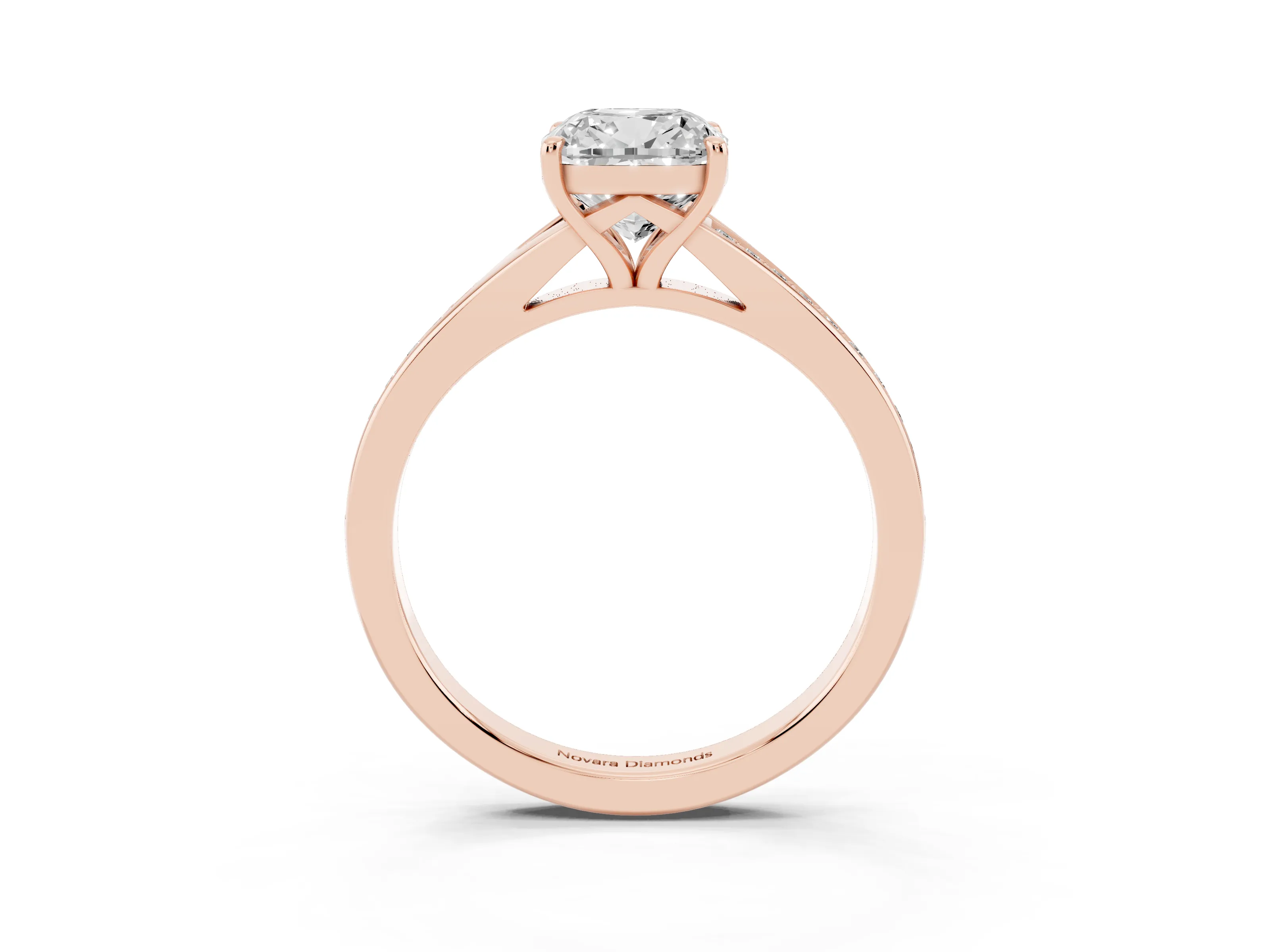Cushion Cut Diamond Solitaire Ring Set in Rose gold with Pavé Accent Band and Classic Prong Setting