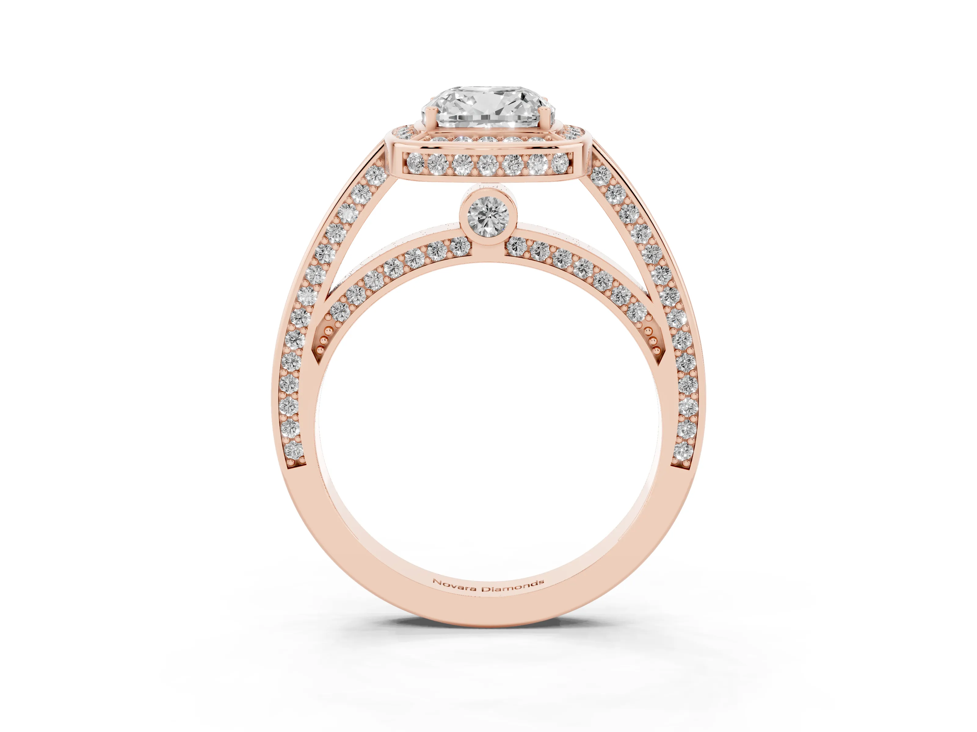 Cushion Cut Diamond Halo Pavé Split Shank Ring Set in Rose gold with Prong Setting