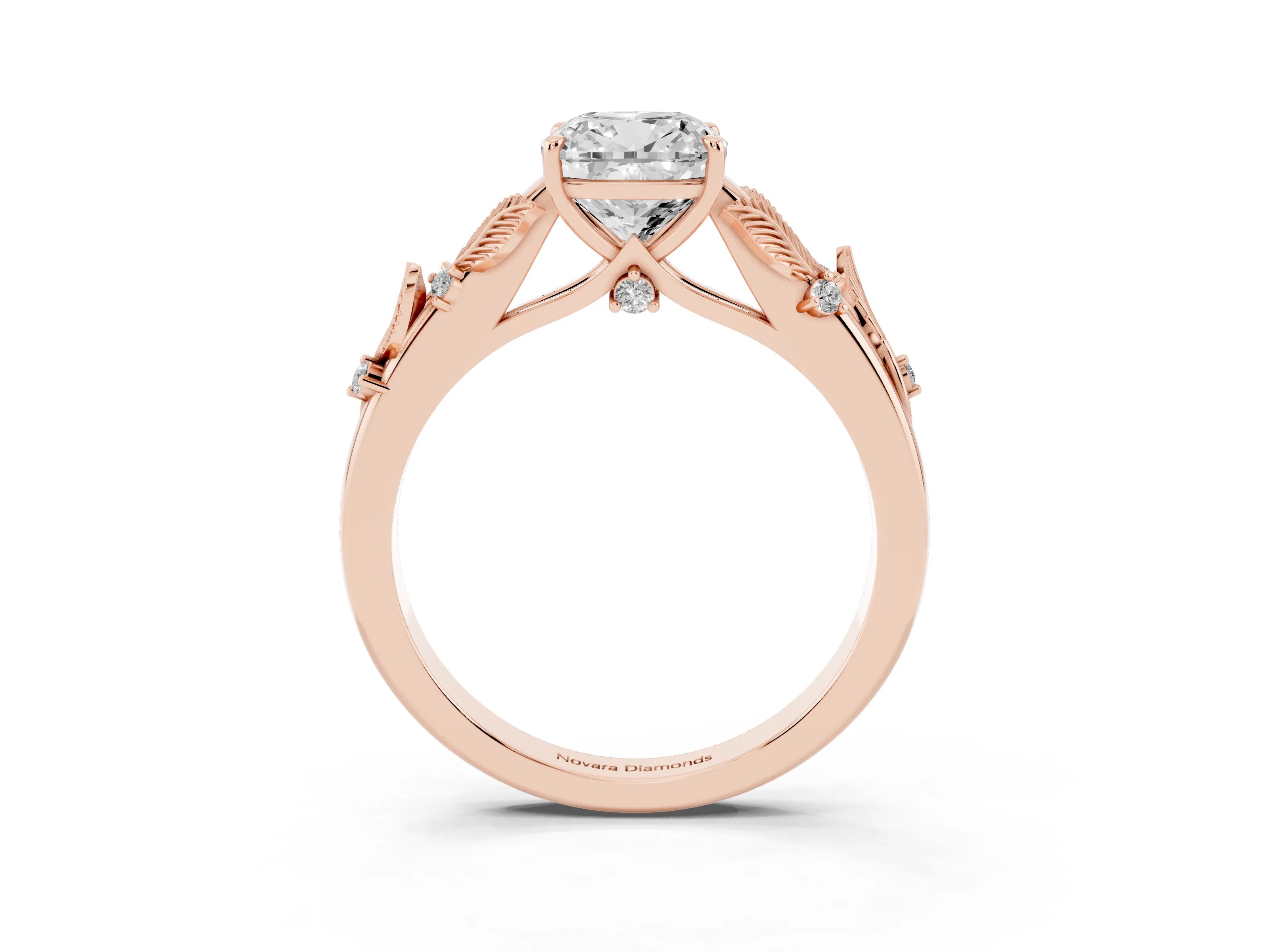 Cushion Cut Diamond Solitaire Ring Set in Rose gold with Leaf Motif Band