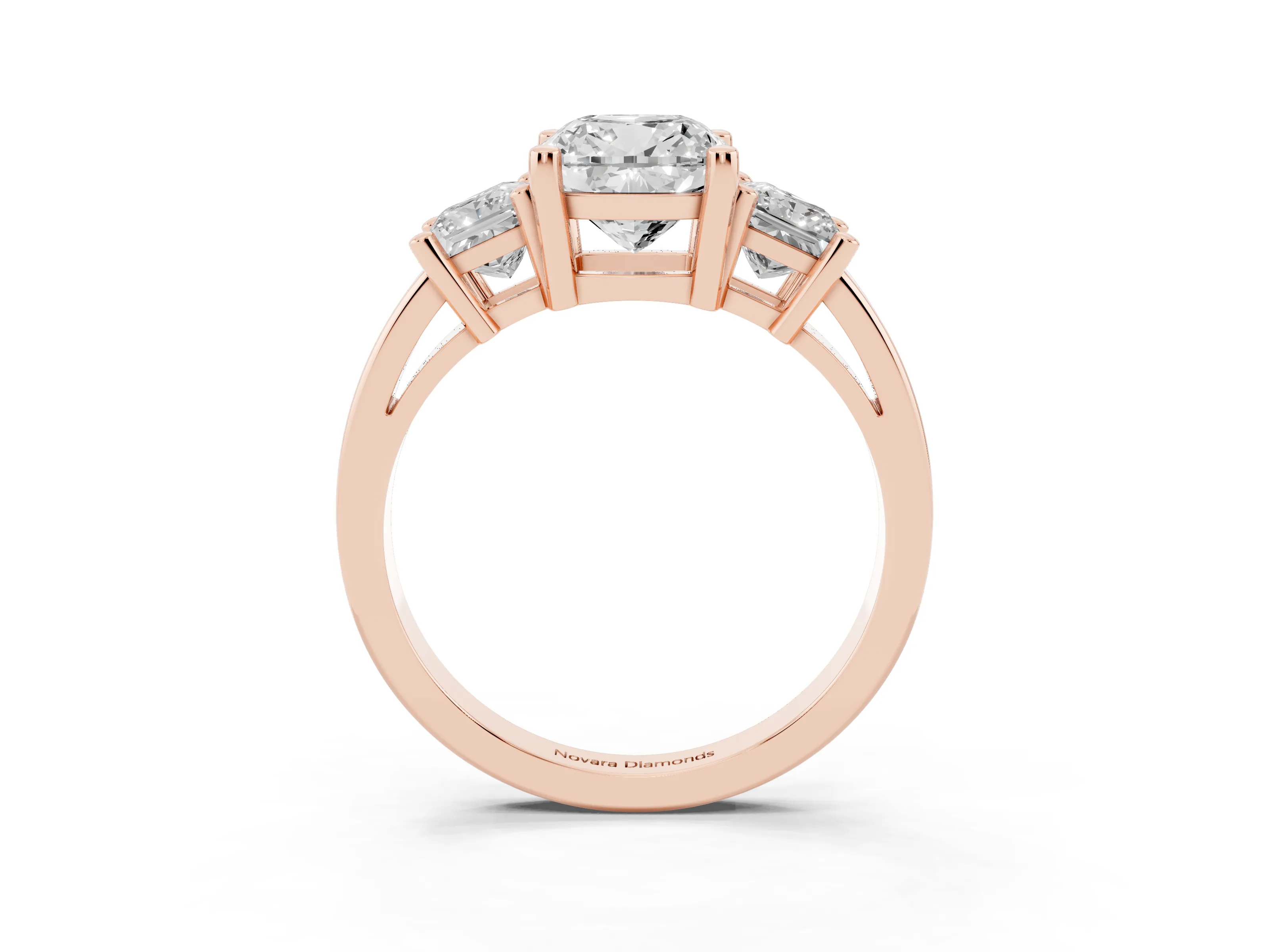 Three-Stone Cushion Cut Diamond Solitaire Ring Set in Rose gold with Prong Setting